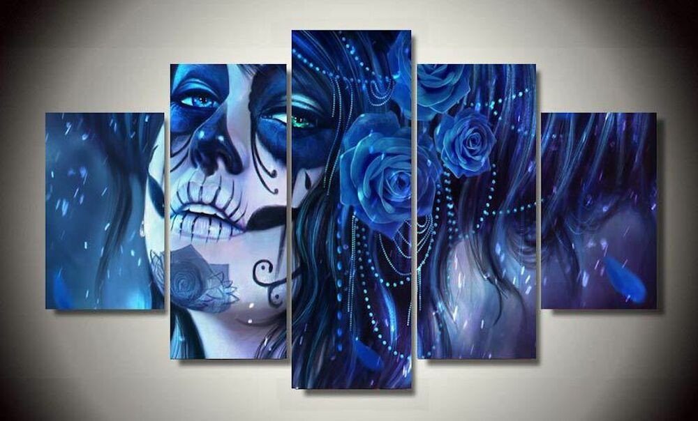 Wall Pictures for Home Decor Elegant Framed Canvas Prints Blue Sugar Skull Day Of the Dead Wall Art Decor