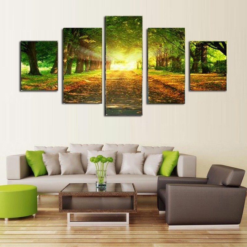 Wall Pictures for Home Decor Luxury 5 Piece Canvas Art Print Oil Paintng Sunlight Green Trees Wall Landscape Home