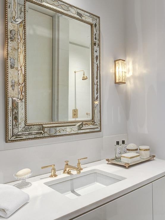 White and Gold Bathroom Decor Lovely Antiqued Mirrored Bathroom Vanity with White Marble top Contemporary Bathroom