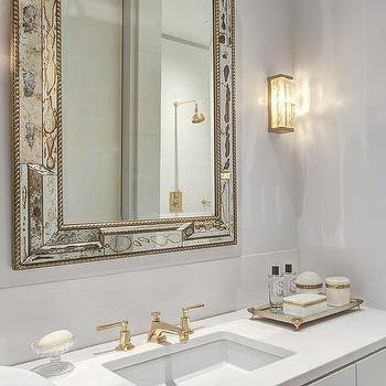 Antiqued Mirrored Bathroom Vanity with White Marble Top Contemporary Bathroom