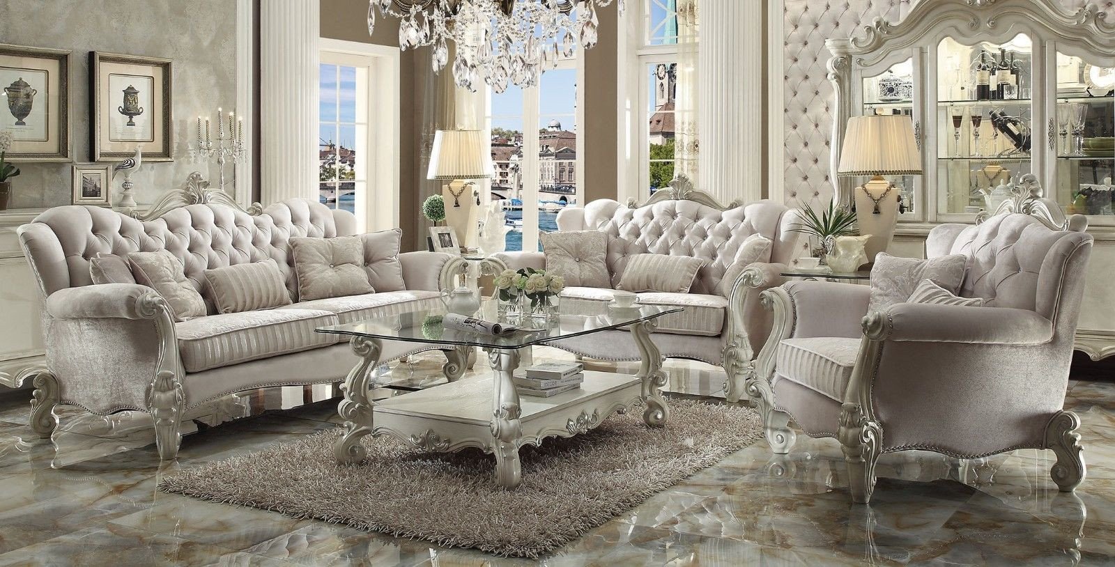 White Traditional Living Room Elegant Versailles Traditional Ivory Velvet formal Living Room Set Carved Wood