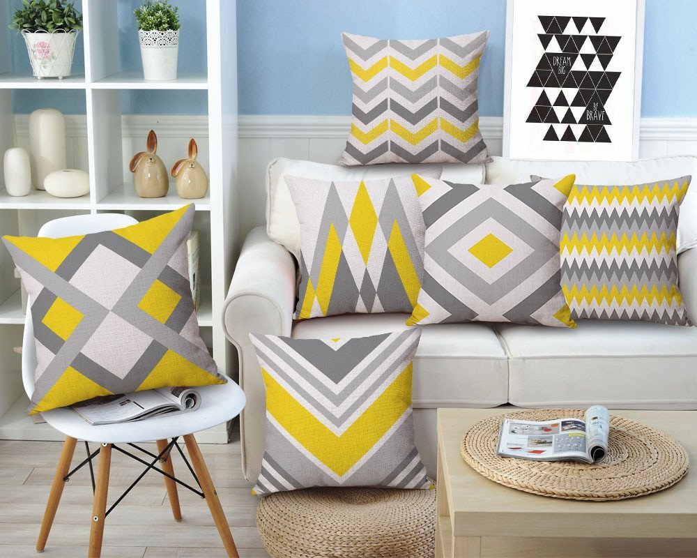 Yellow and Grey Home Decor New Drop Ship Geometric Cushion Cover Yellow Grey Home Decor Linen Cotton Pillow Cove Decorative