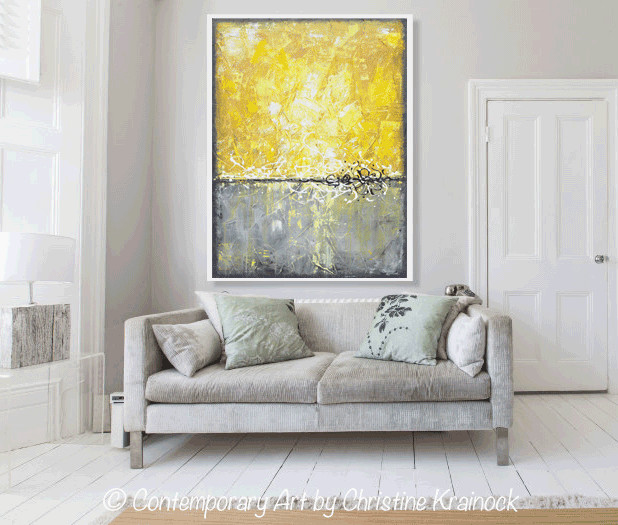 Yellow and Grey Wall Decor Elegant original Art Abstract Painting Yellow Grey Wall – Contemporary Art by Christine
