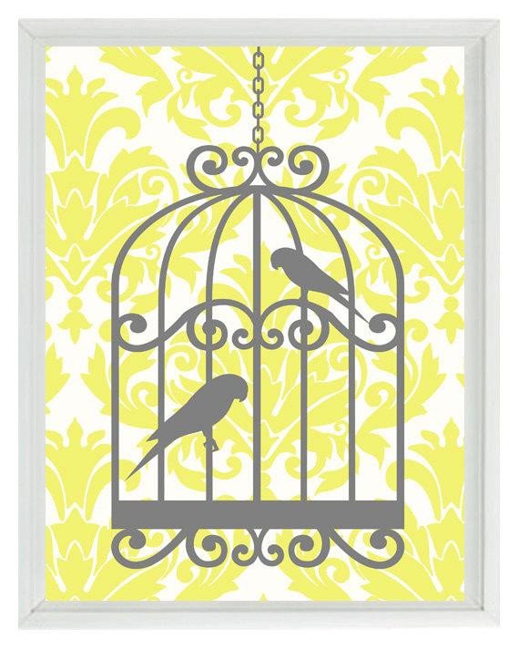 Yellow and Grey Wall Decor Fresh Birds Wall Art Print Yellow Gray Decor Damask Bird Cage