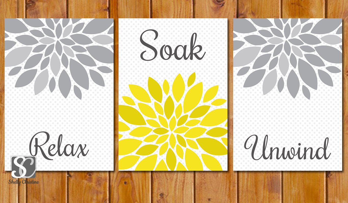 Yellow and Grey Wall Decor Unique Yellow Grey Bathroom Spa Wall Decor Flower Burst by Scadesigns