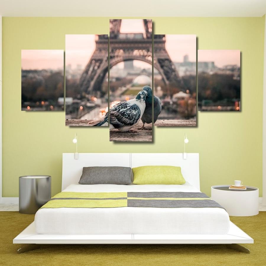 Artwork for Bedroom Wall Beautiful 5 Panel Paris Eiffel tower Romantic Doves Modern Decor Canvas Wall Art Hd Print