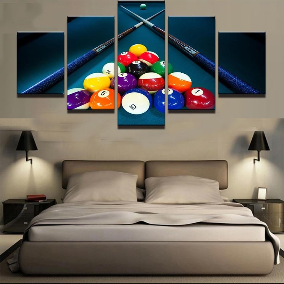 Artwork for Bedroom Wall Beautiful Pool &amp; Billiards Cues &amp; Balls Sports Framed 5 Piece Panel Canvas Wall Art Print