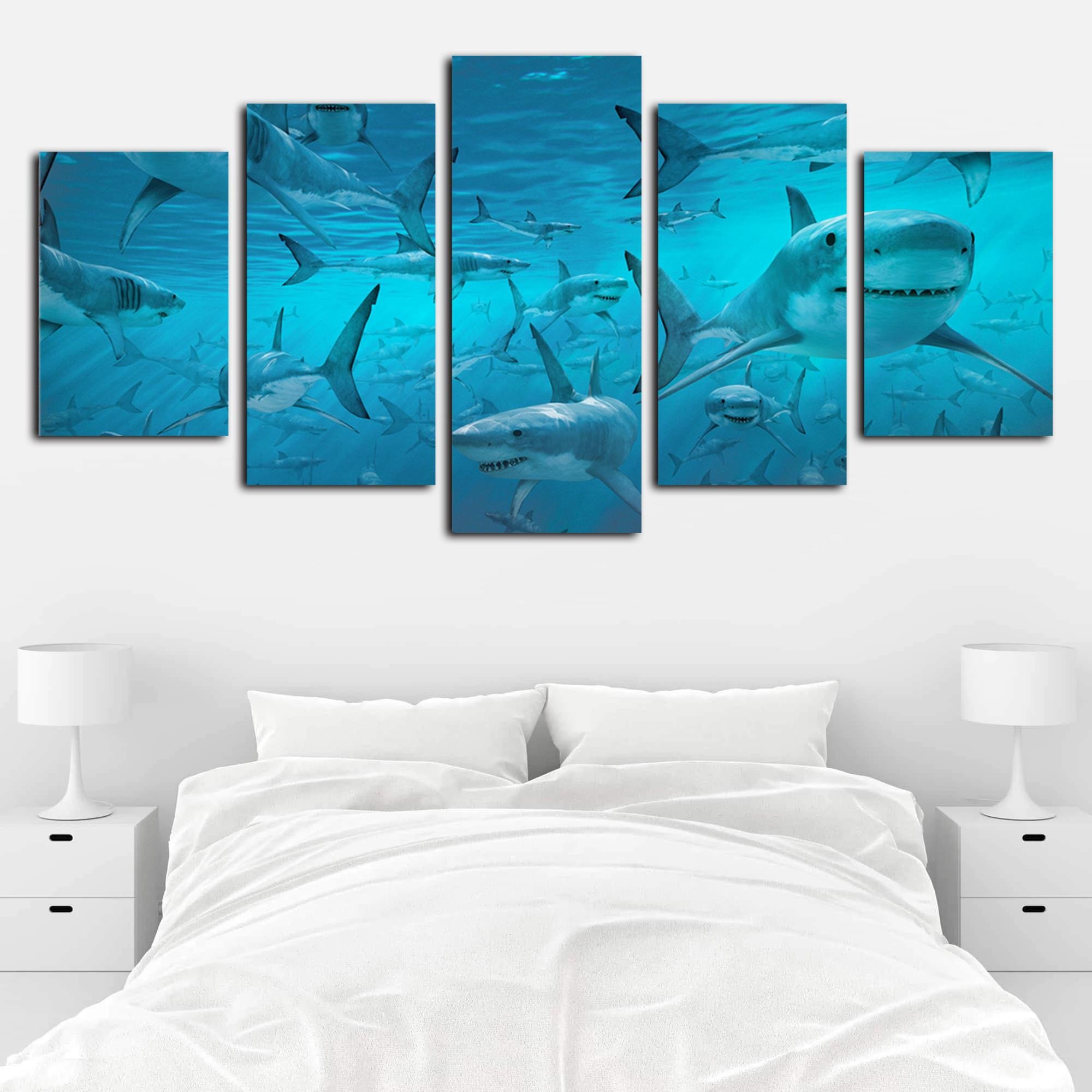 Artwork for Bedroom Walls Inspirational 2019 Modern Giclee Canvas Print Artwork 5 Panels Blue Deep Sea Shark Swarm Picture Printed Canvas Wall Art for Home Fice From Home Textiles