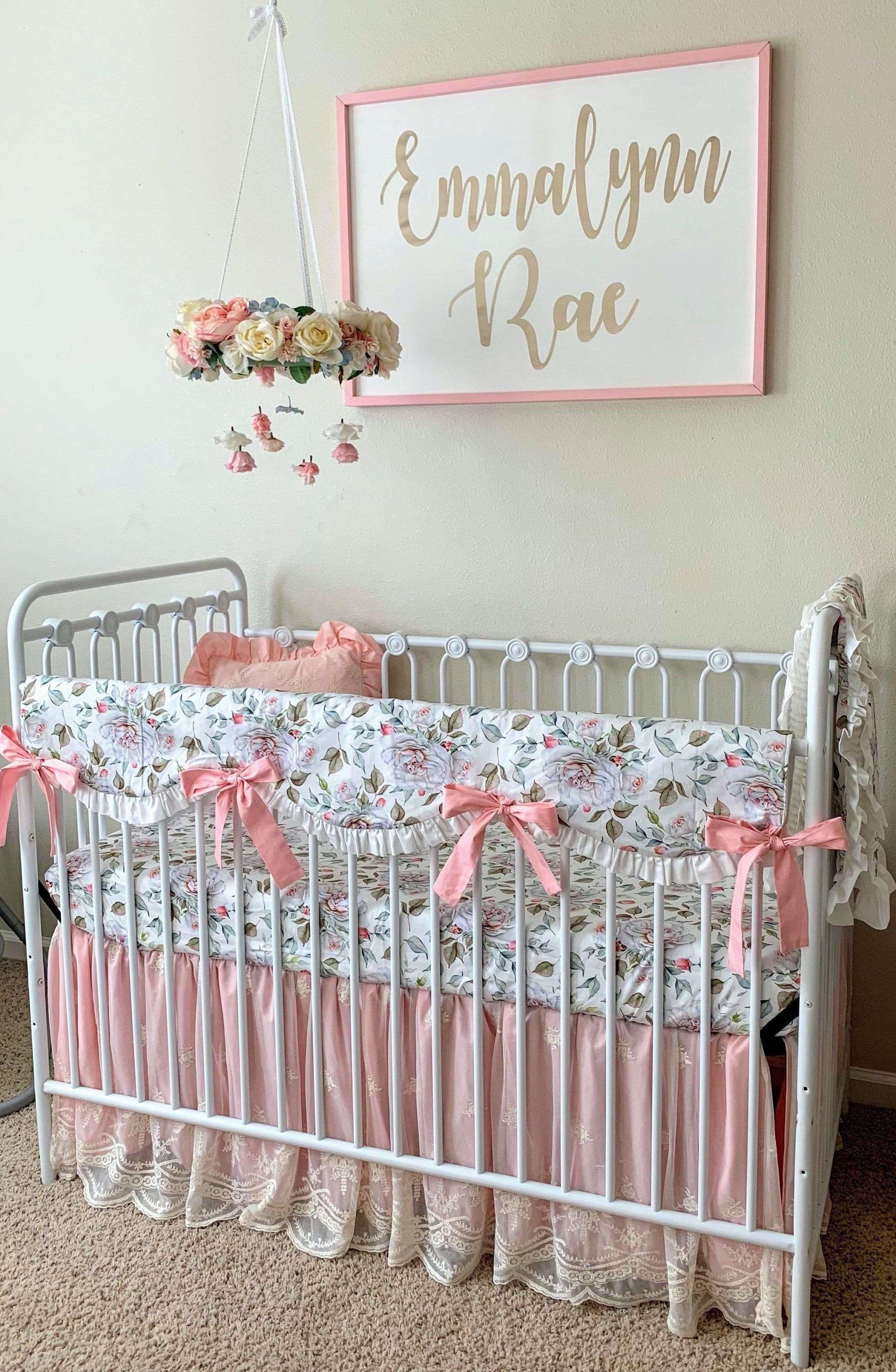 Baby Girls Bedroom Set New Floral Crib Rail Cover Blush Pink and White Farmhouse