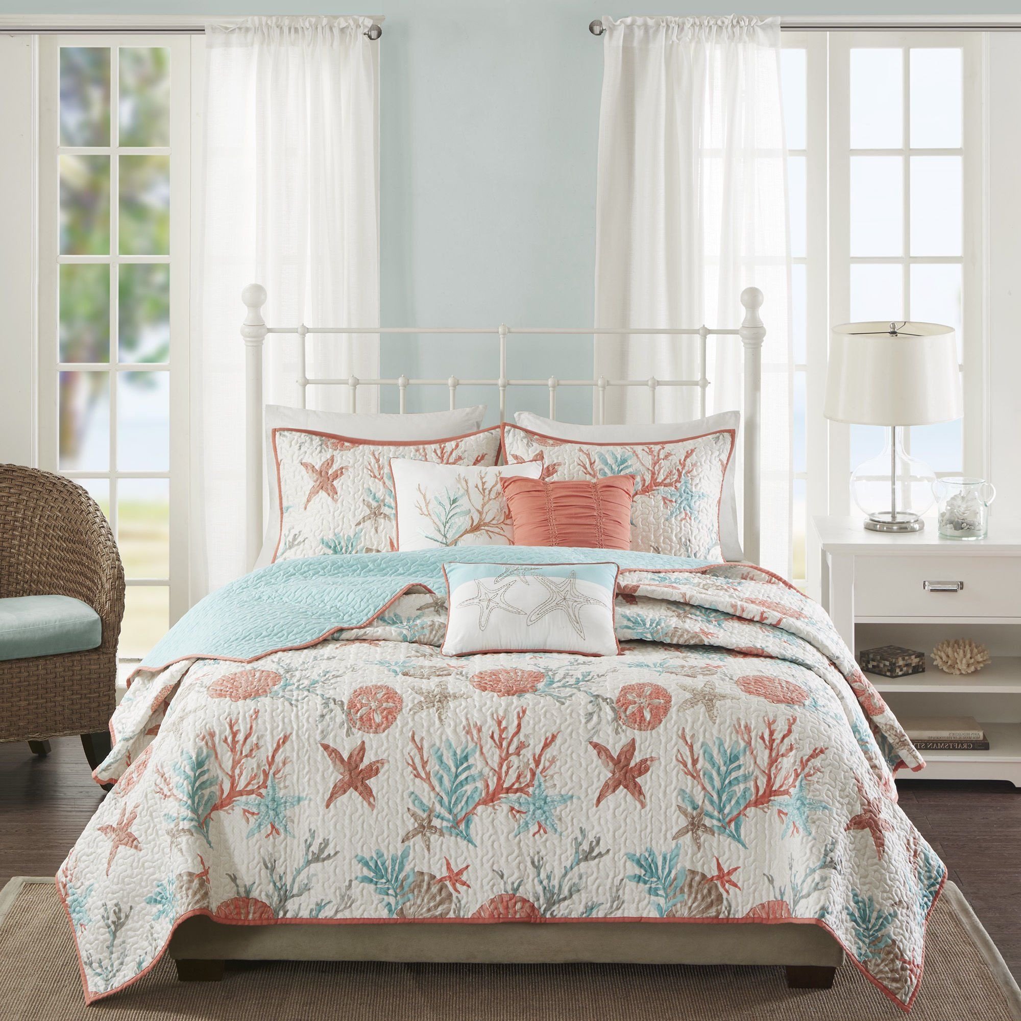 Beach themed Bedroom Furniture Luxury 6 Piece Vibrant orange Pink Blue White Full Queen Quilt Set