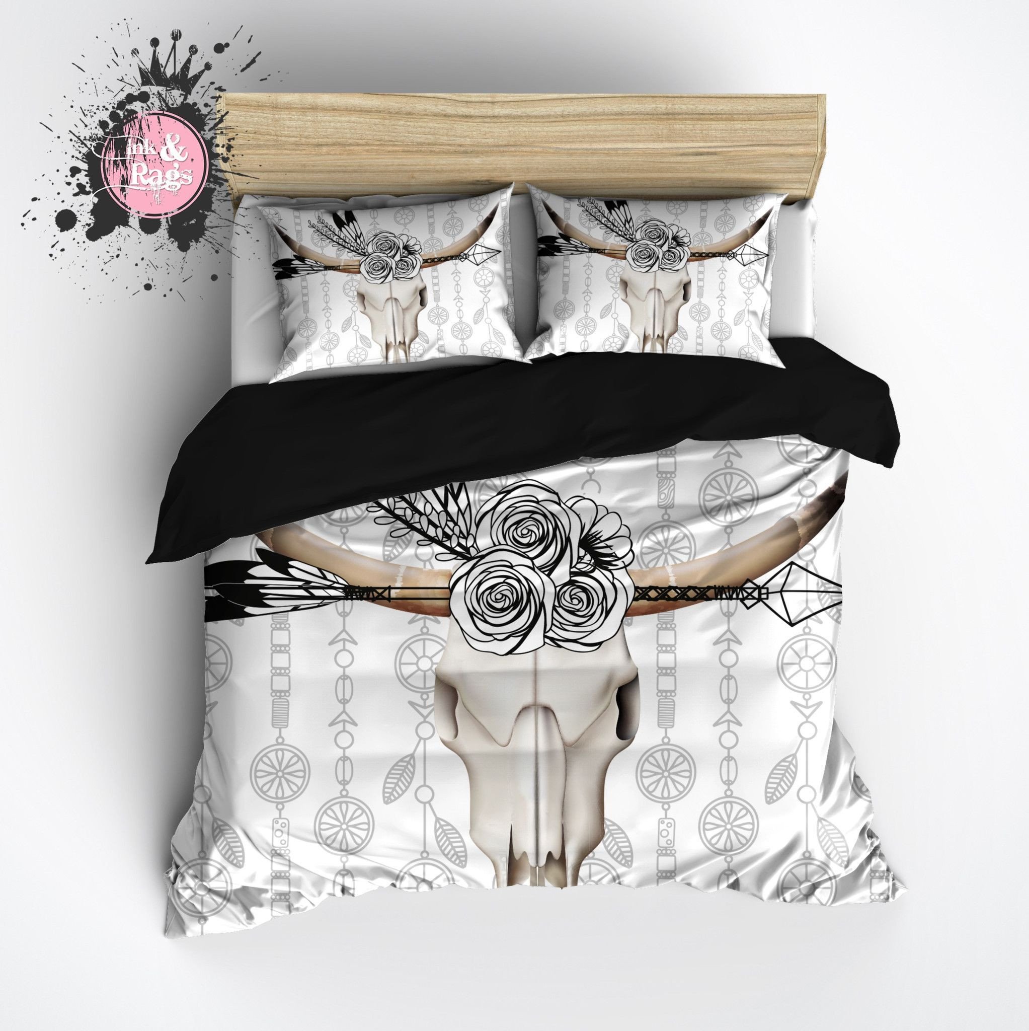 Bedroom Bedding and Curtain Set Beautiful Boho Bull Skull Flower and Feather Bedding