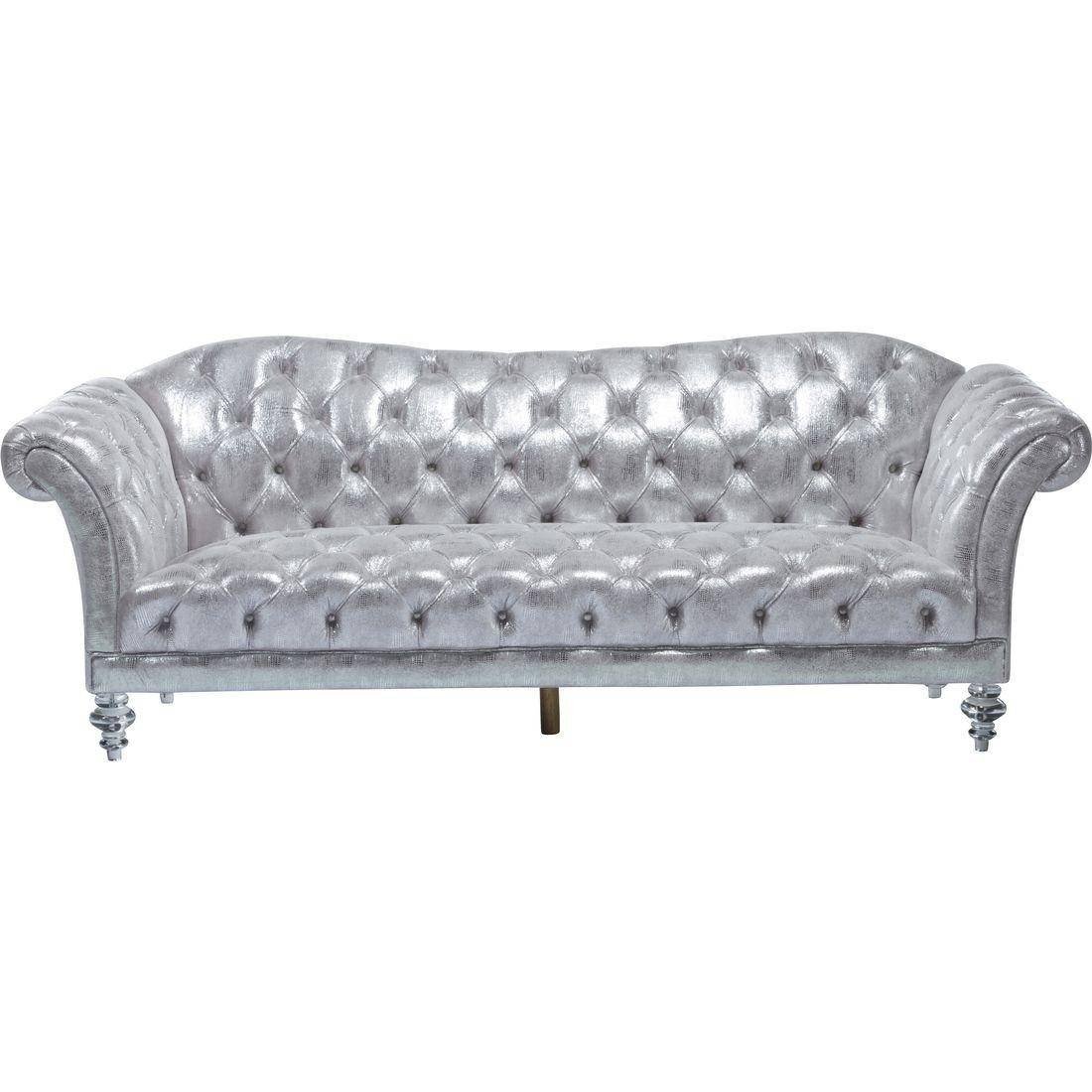 Bedroom Bench with Back Lovely Glam Metallic Silver Fabric Tufted sofa Dixie Acme