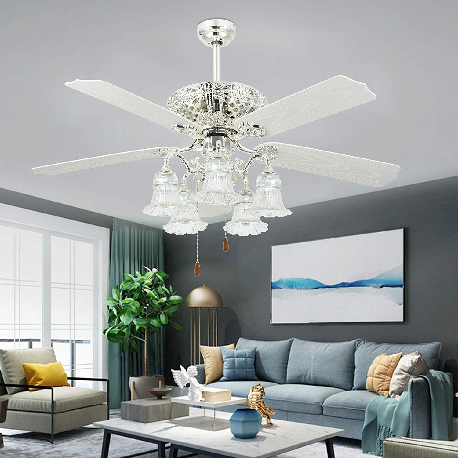 Bedroom Ceiling Fans with Light New White Ceiling Fan with Remote Control 5 Glass Light Cover Indoor Home Decoration Living Room Dinner Room Quiet Fans Chandelier 5 Plastic Reversible