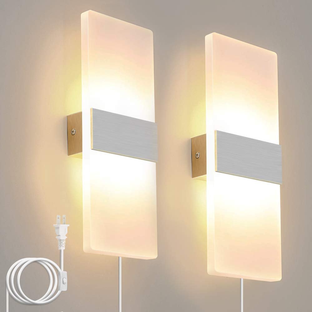 Bedroom Reading Light Wall Mounted Luxury Bjour Modern Wall Sconce Plug In Wall Lights Led Acrylic Wall Mounted Lamp 12w Warm White for Bedroom Living Room 2 Packs