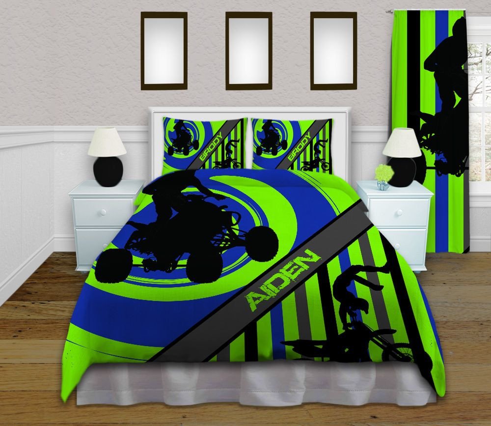 Bedroom Set for Boy Beautiful Boys Green and Blue Dirt Bike Sports Bedding Set with