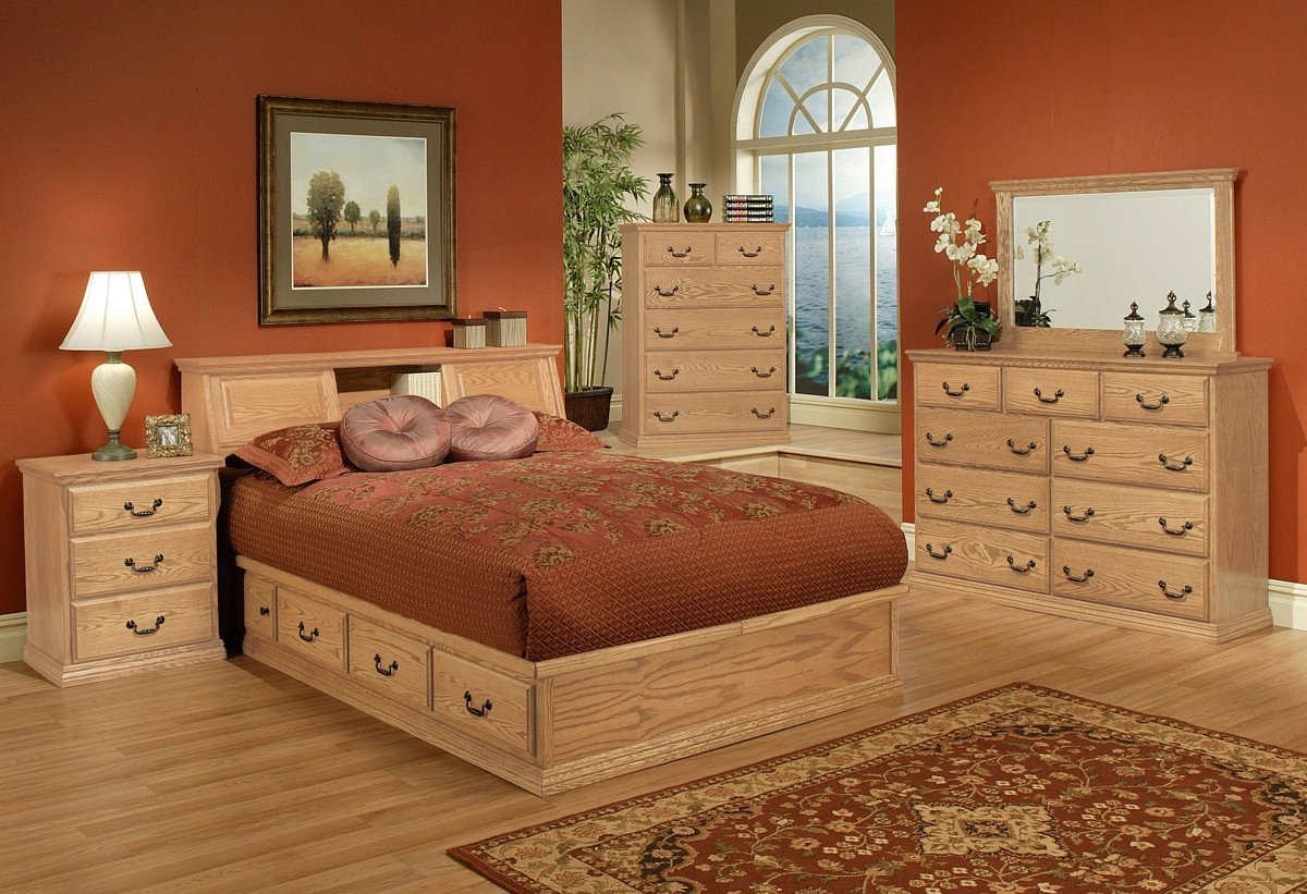 Bedroom Set with Mattress Included Elegant Traditional Oak Platform Bedroom Suite Queen Size