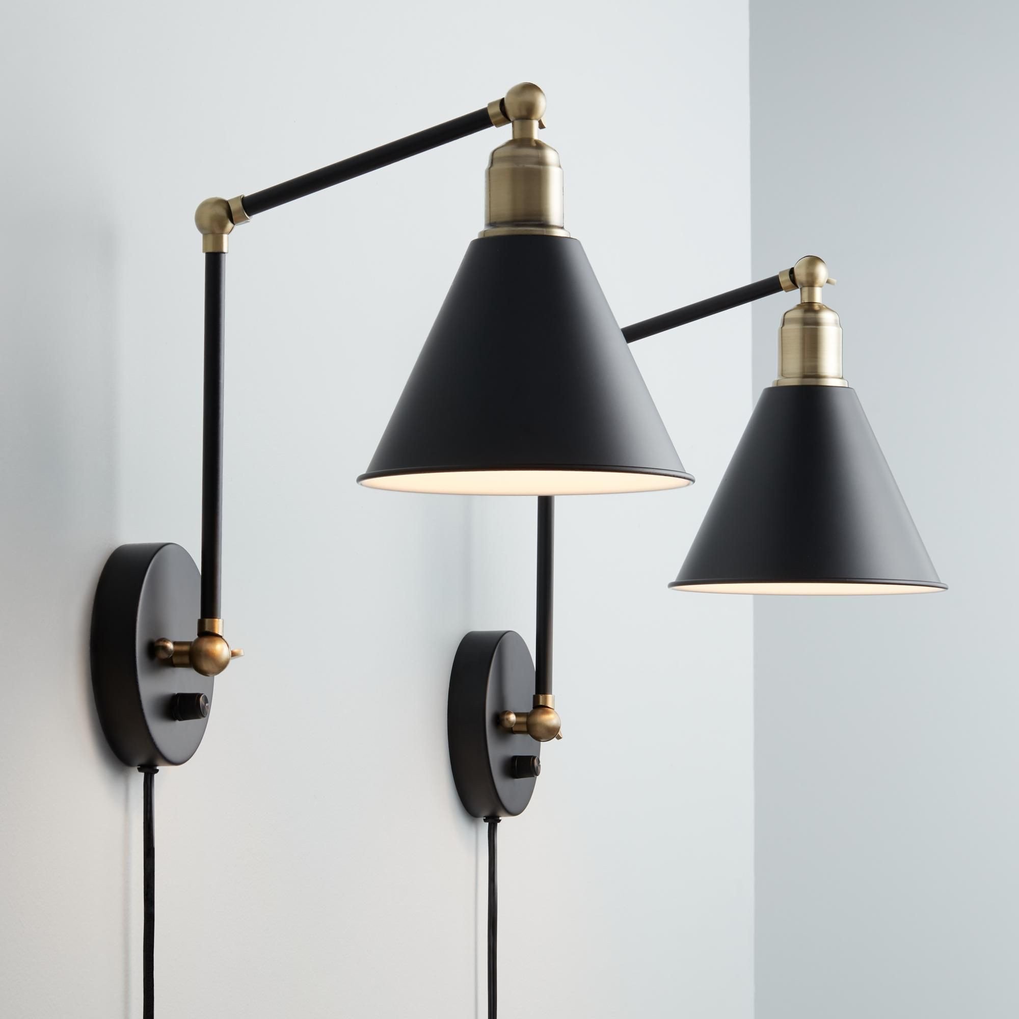 Bedroom Wall Light Fixtures Awesome Wray Black and Antique Brass Plug In Wall Lamp Set Of 2