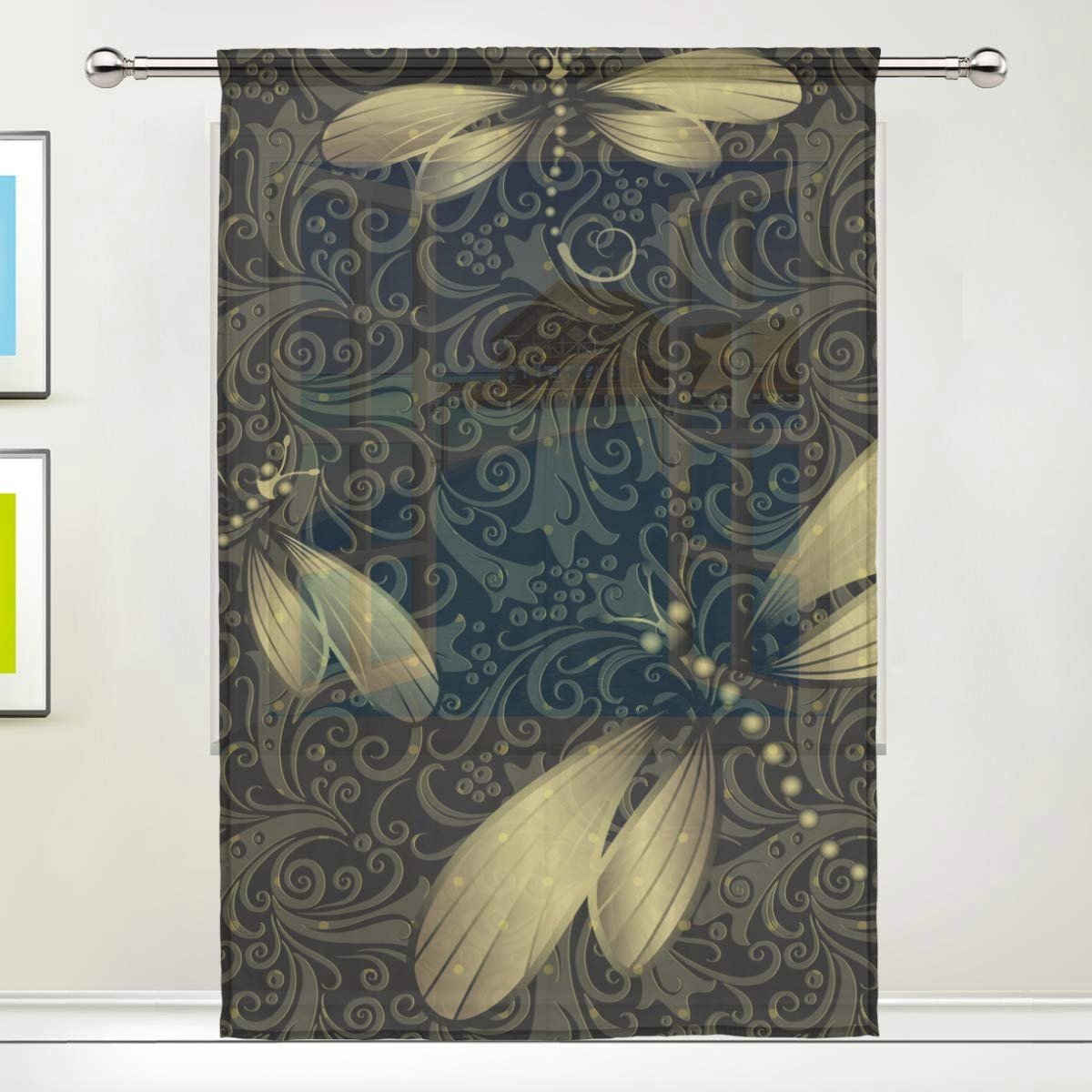 Black Curtains for Bedroom Lovely Dragon Sword Black Golden Vintage Dragonfly Sheer Window Curtain Voile Drape for Kitchen Living Room or Kids Bedroom 55&quot; W X 84&quot; L 1 Panel