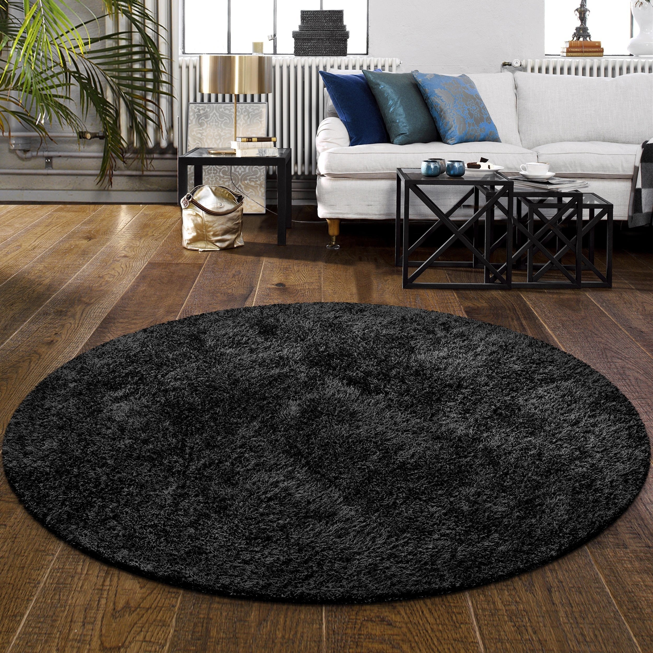 Black Rugs for Bedroom Beautiful Superior Elegant Plush Hand Woven Black Shag Round Rug 4