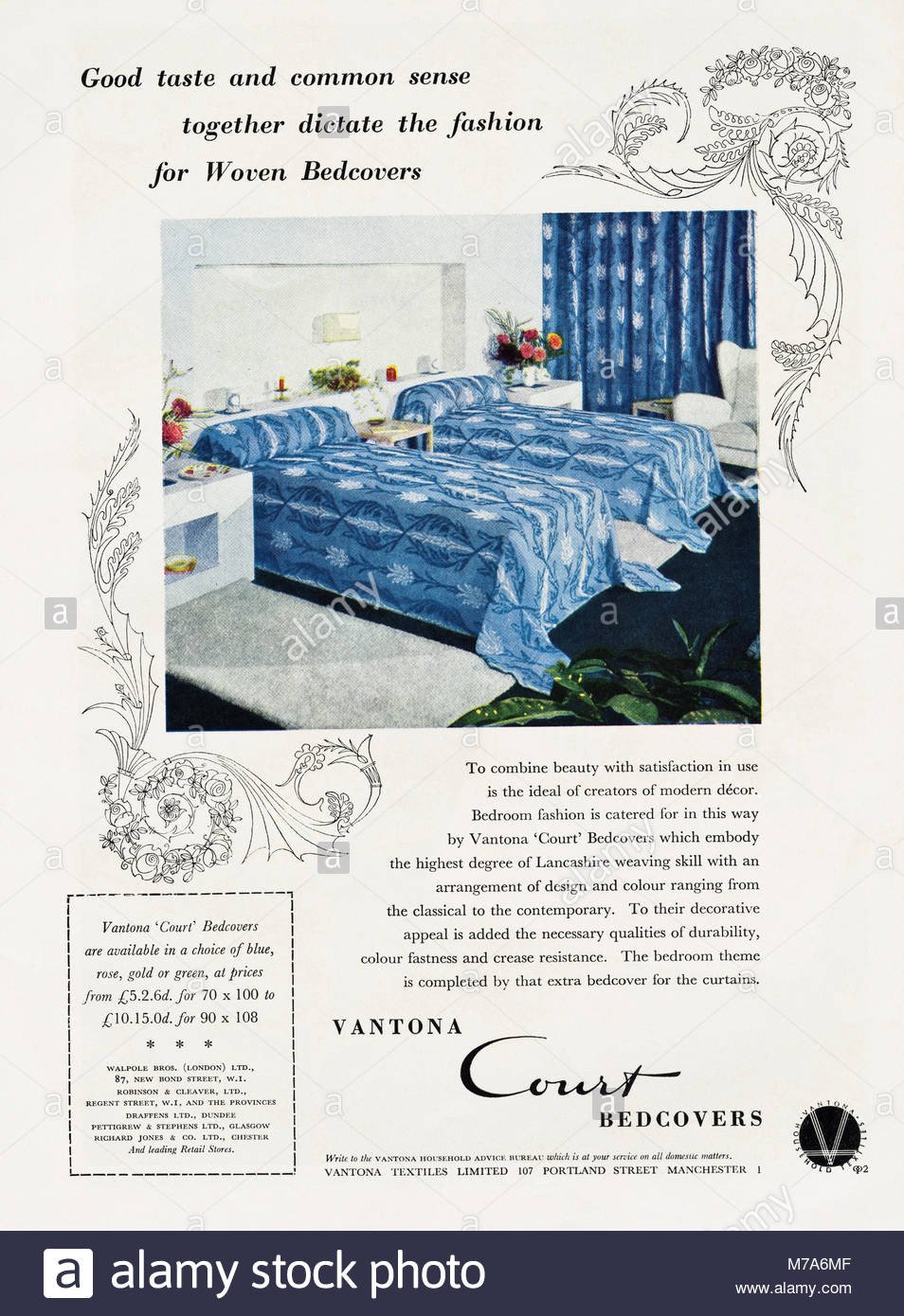 Blue and Gold Bedroom Beautiful 1950s original Old Vintage Advertisement Advertising Vantona