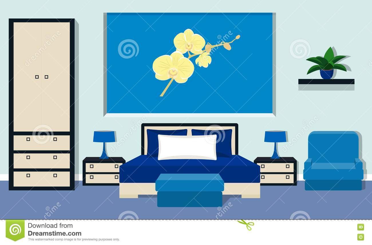 Blue Table Lamps Bedroom Inspirational Bedroom Interior In Blue Colors Vector Illustration Stock