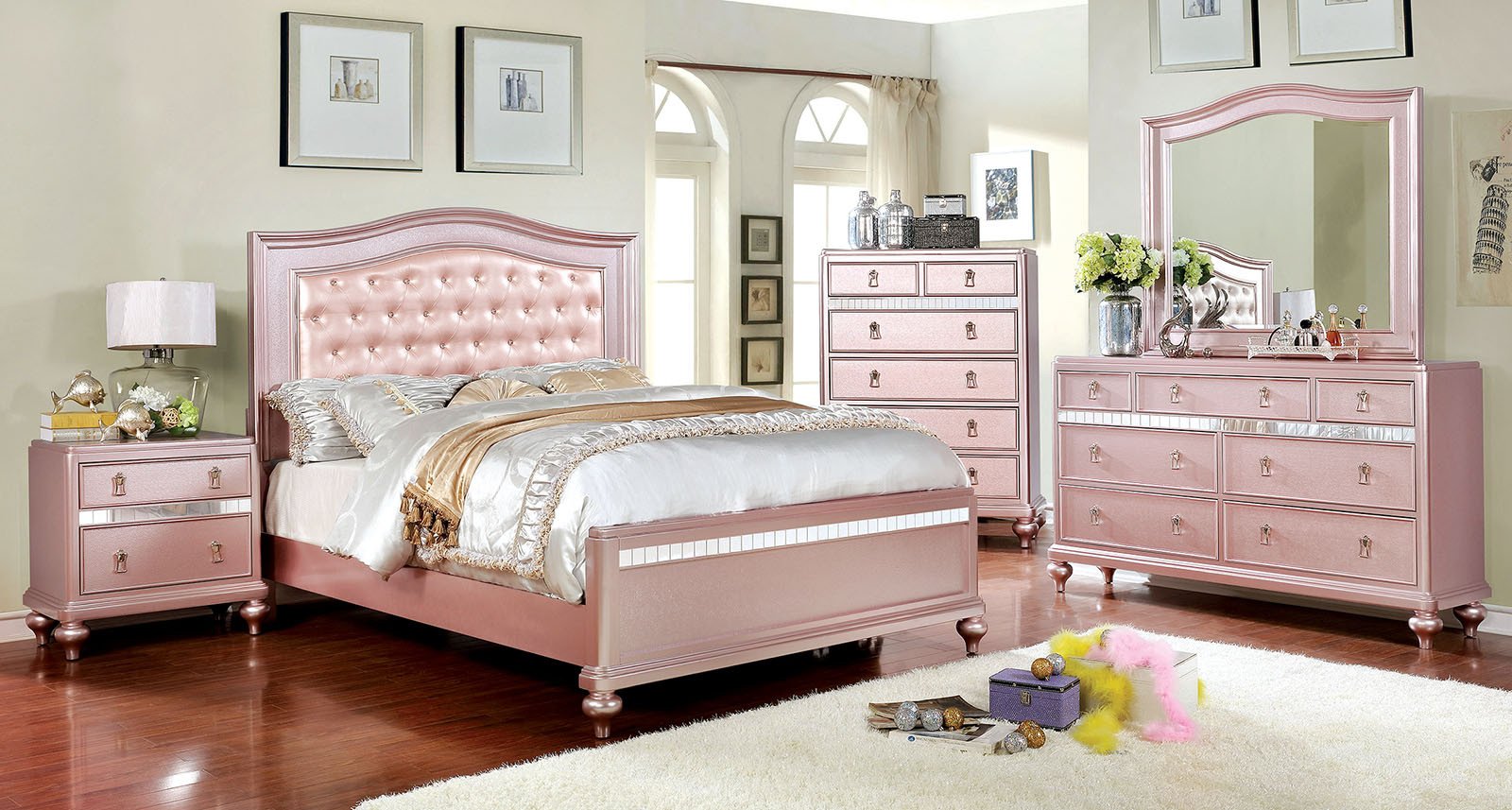 Cal King Bedroom Set Luxury Ariston Rose Gold Finish Cal King Size Bed with Mirrored Trim Jeweled button Tufted Padded Leather Headboard