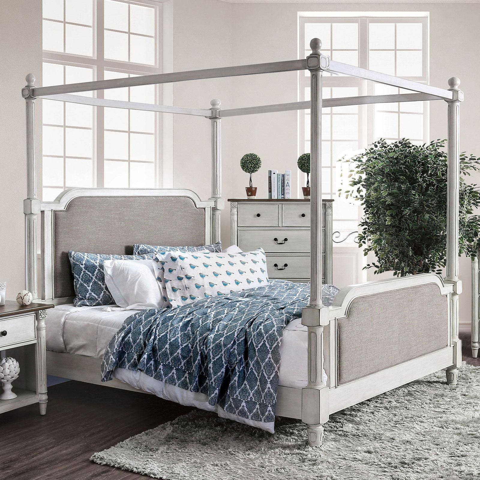 California King Canopy Bedroom Set Elegant Transitional Fabric Upholstery Cal King Canopy Bed In White Lansford Foa Group