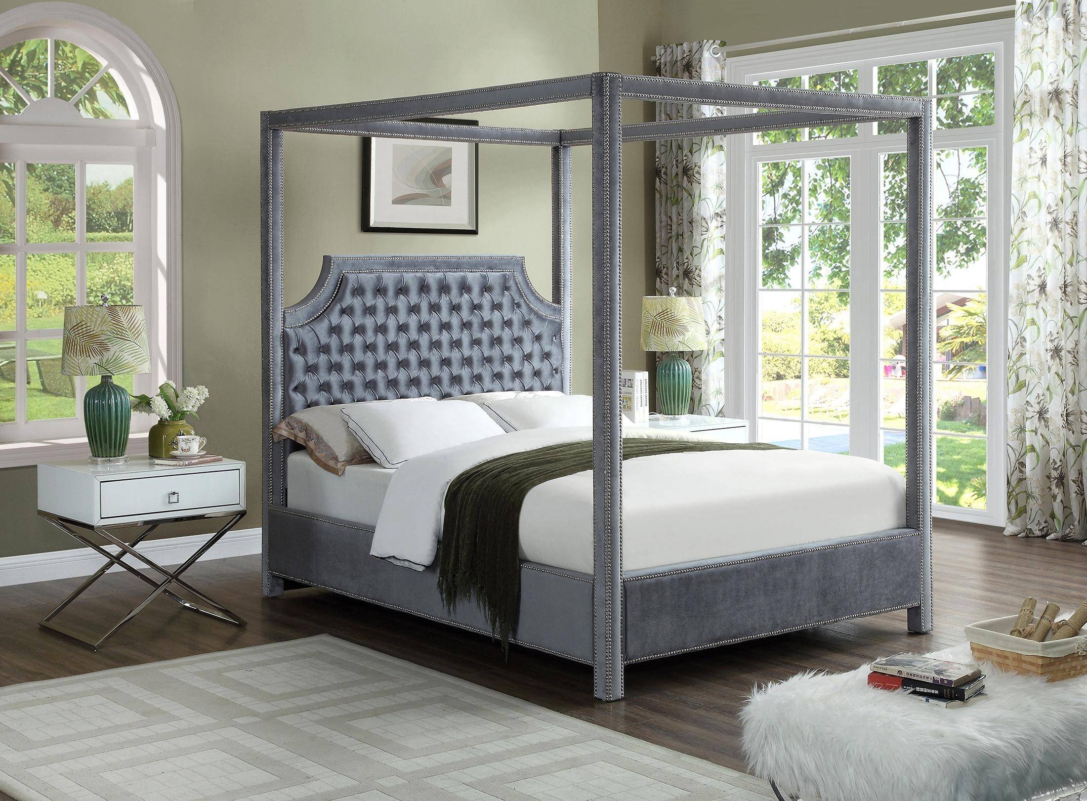 California King Canopy Bedroom Set Unique Meridian Furniture Rowan Grey Velvet Queen Canopy Bed