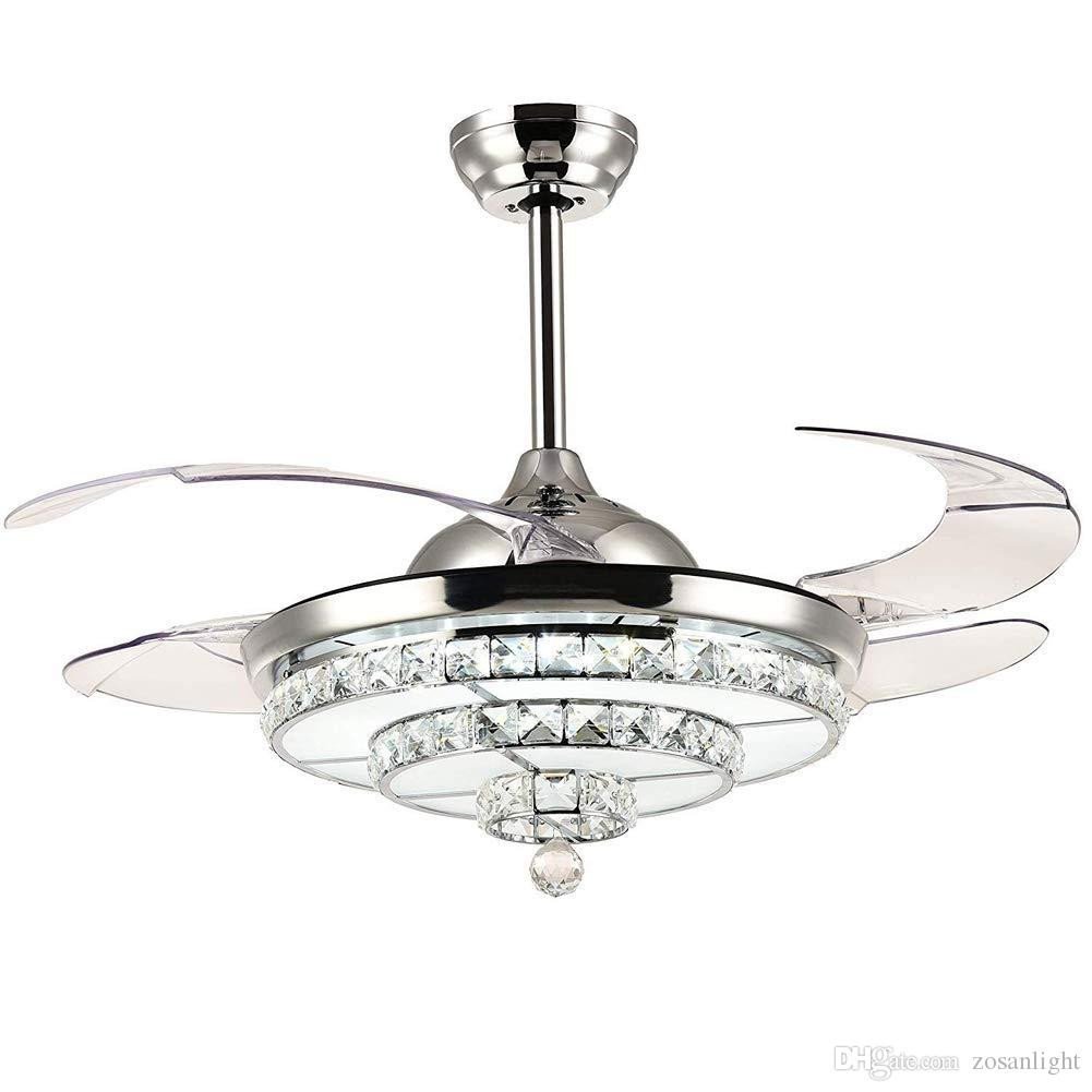 Ceiling Fan for Bedroom Unique Led Crystal Chandelier Fan Lights Invisible Blades with Remote Contl 42inch Modern Led Ceiling Fan Fixtures for Living Room Acrylic Leaf