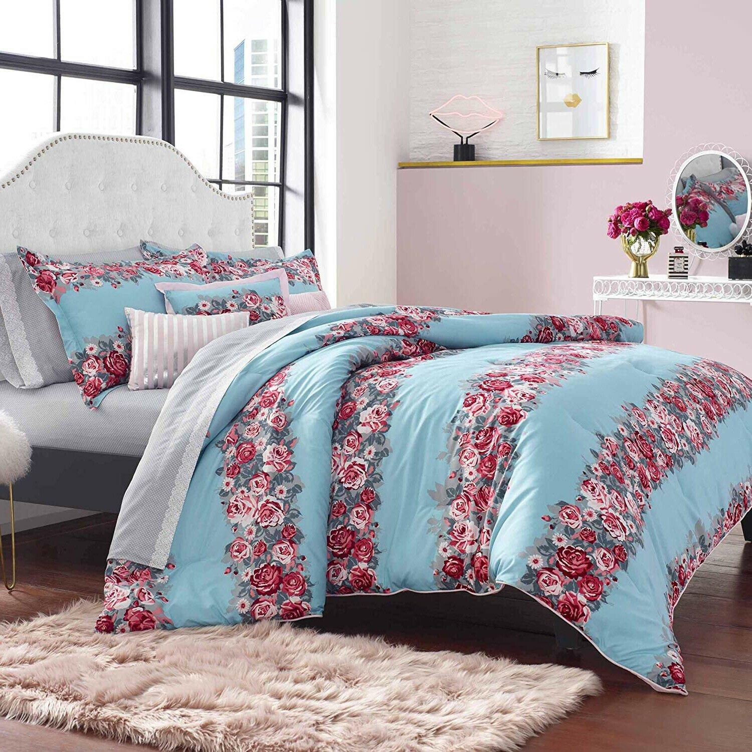 Cheap Bedroom Comforter Set New Elegant Colorful Pink Blue Floral 6 Pcs King Queen forter