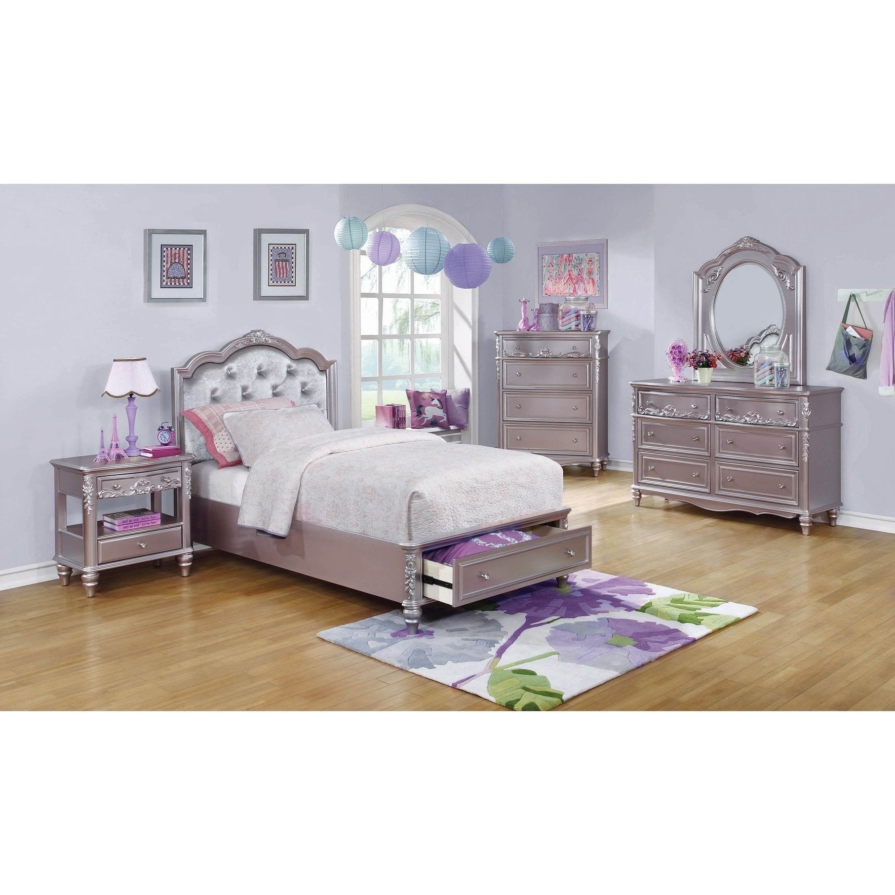 Cheap Bedroom Set Twin Luxury Seraphina Metallic Lilac 4 Piece Bedroom Set with 2