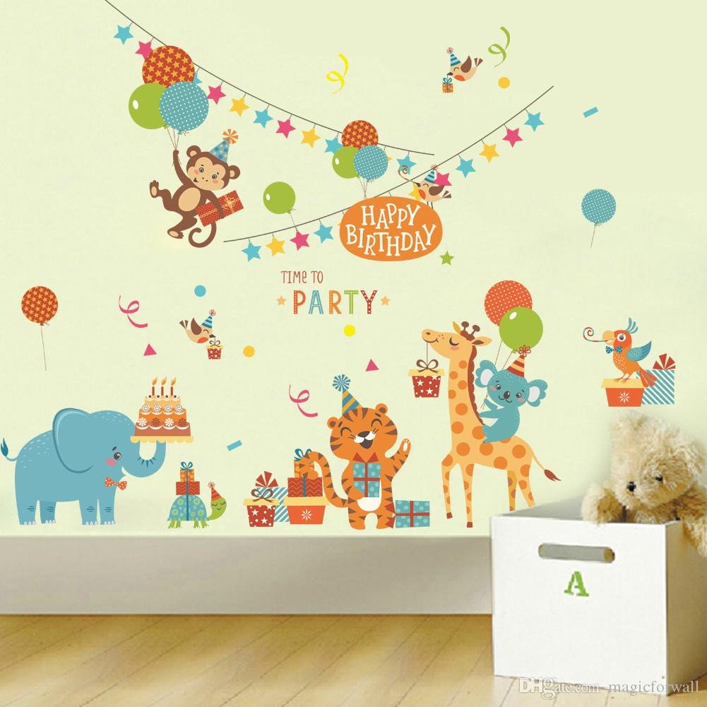 Childrens Bedroom Wall Stickers Removable Elegant Cartoon Animals Birthday Party Wall Stickers for Kids Boys Girls Room Decor Air Balloon Cake Gift Party Wall Graphic Poster Wall Decals