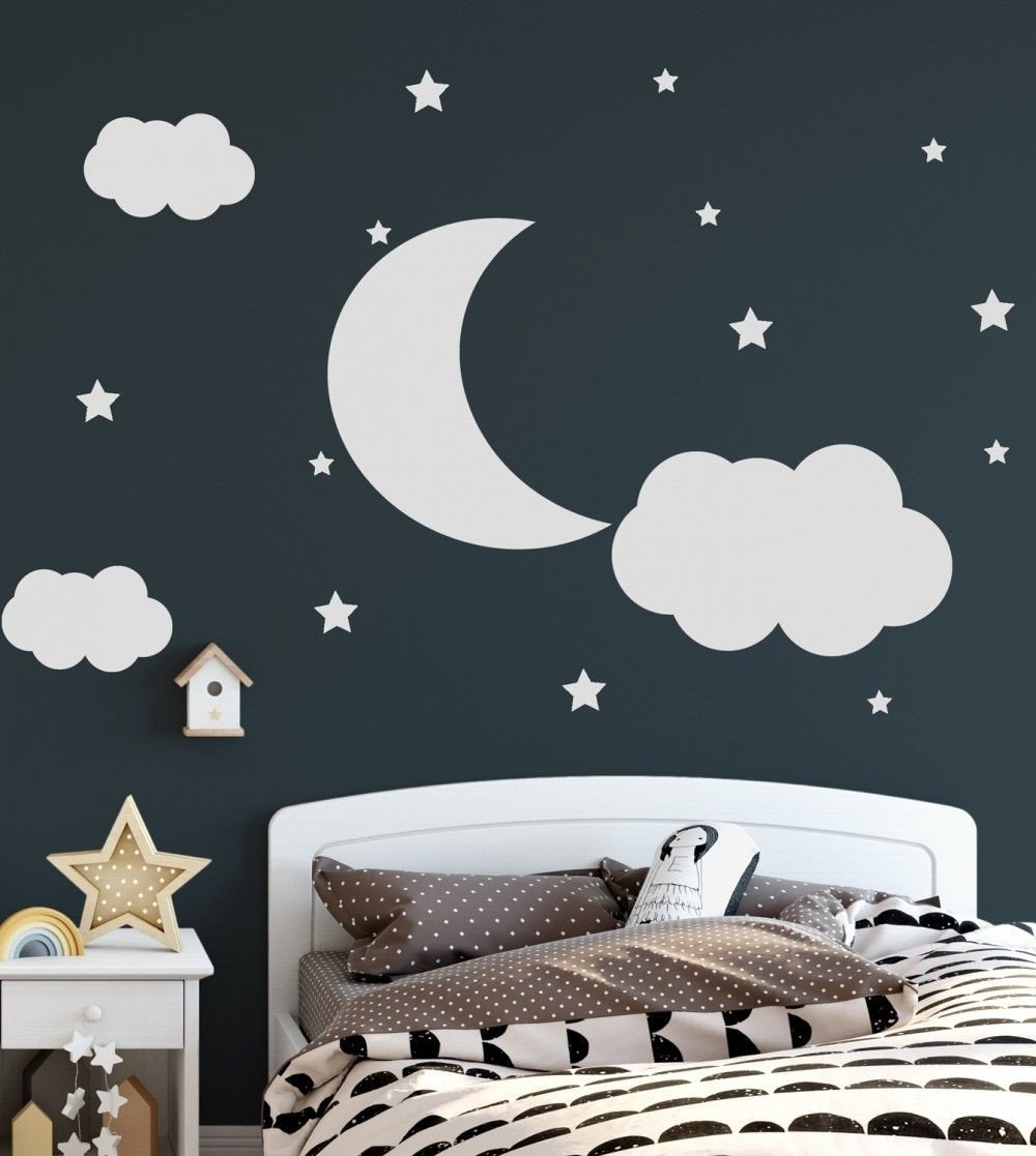 Childrens Bedroom Wall Stickers Removable Luxury Nursery White Crescent Moon with Clouds Wall Decal Sticker