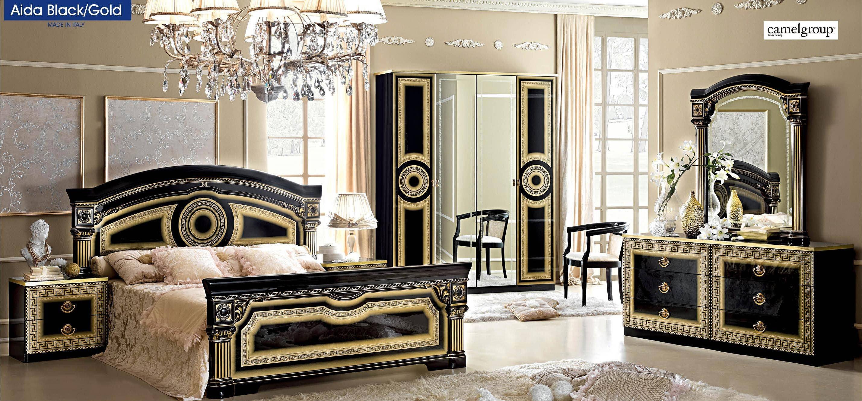 Classic Italian Bedroom Furniture Luxury Esf Aida Black Gold Lacquer Finish Queen Bedroom Set 5ps