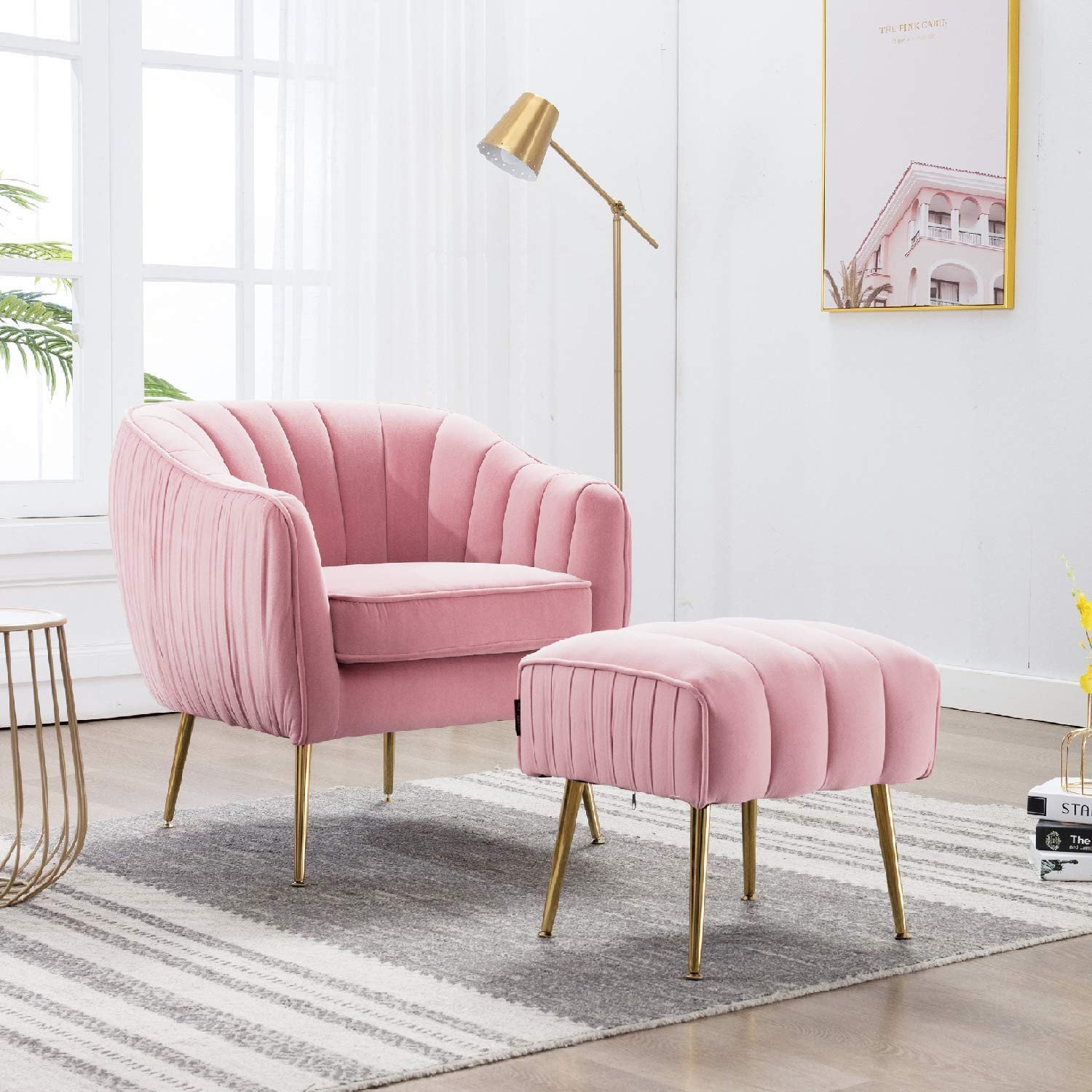 Comfy Reading Chair for Bedroom Luxury Altrobene Modern Accent Club Chair Ottoman Set Velvet Upholstered Curved Tufted Gold Finished Metal Legs for Living Room Bedroom Pink