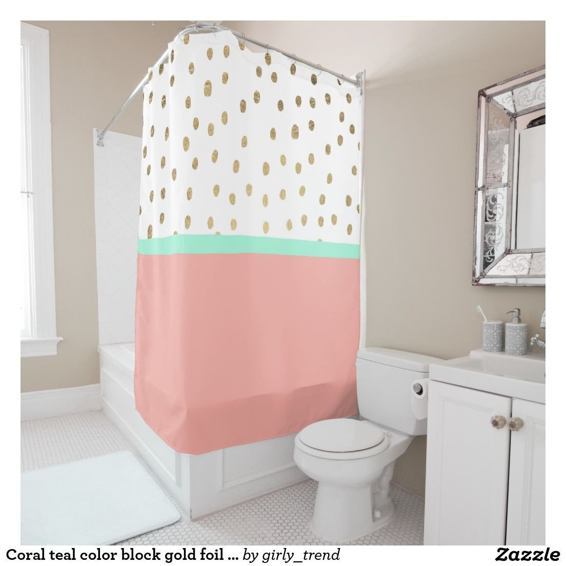 Coral and Teal Bedroom Unique Coral Teal Color Block Gold Foil Polka Dots Shower Curtain