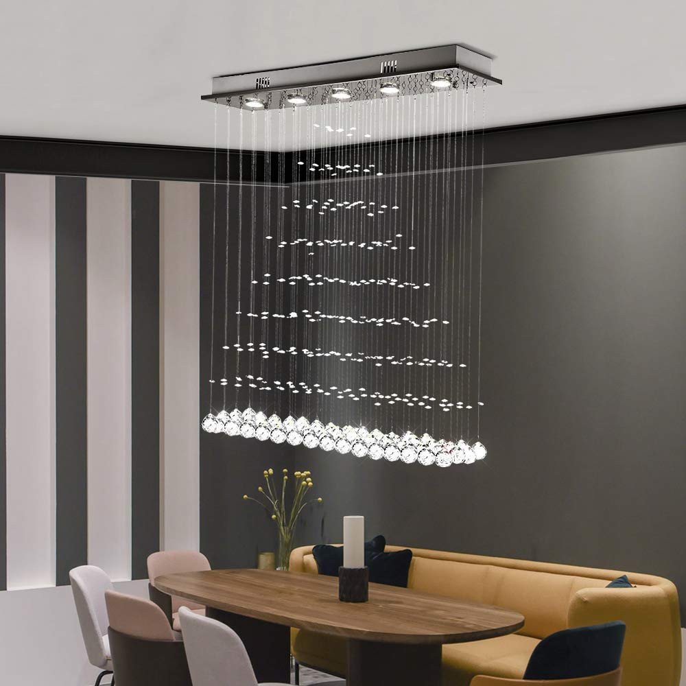 Fake Chandelier for Bedroom Elegant Modern Crystal Chandelier Rectangle Rain Drop Flush Mount Lighting Ceiling Light Fixtures for Living Room Dining Room Foyer Bedroom 5 Lights