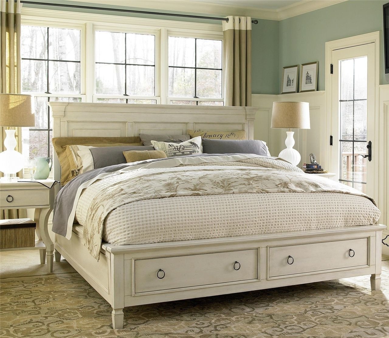 Full Size Bedroom Furniture Set Sale Luxury Country Chic Wood King Size White Storage Bed