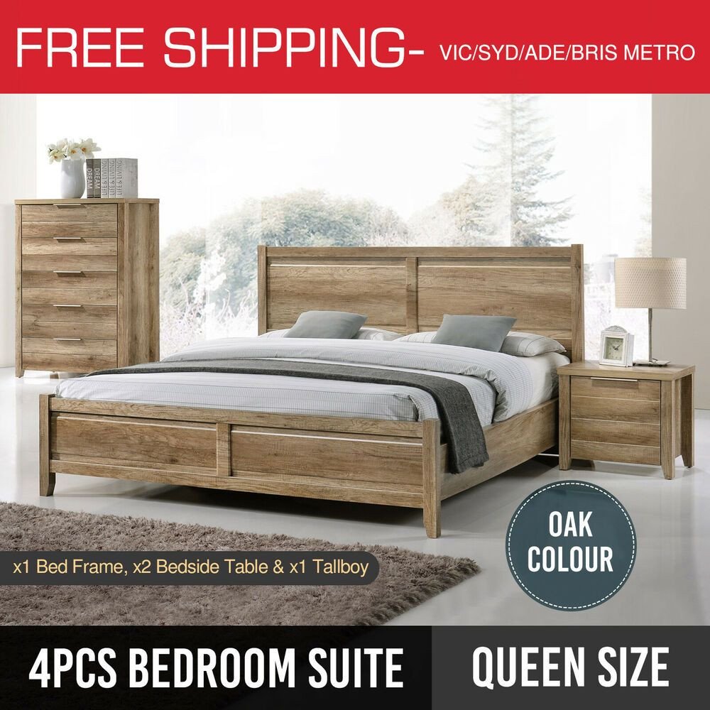 Full Size Bedroom Suite New Bedroom Suite Queen Bed Frame Bedside Table Tallboy 4pcs Oak
