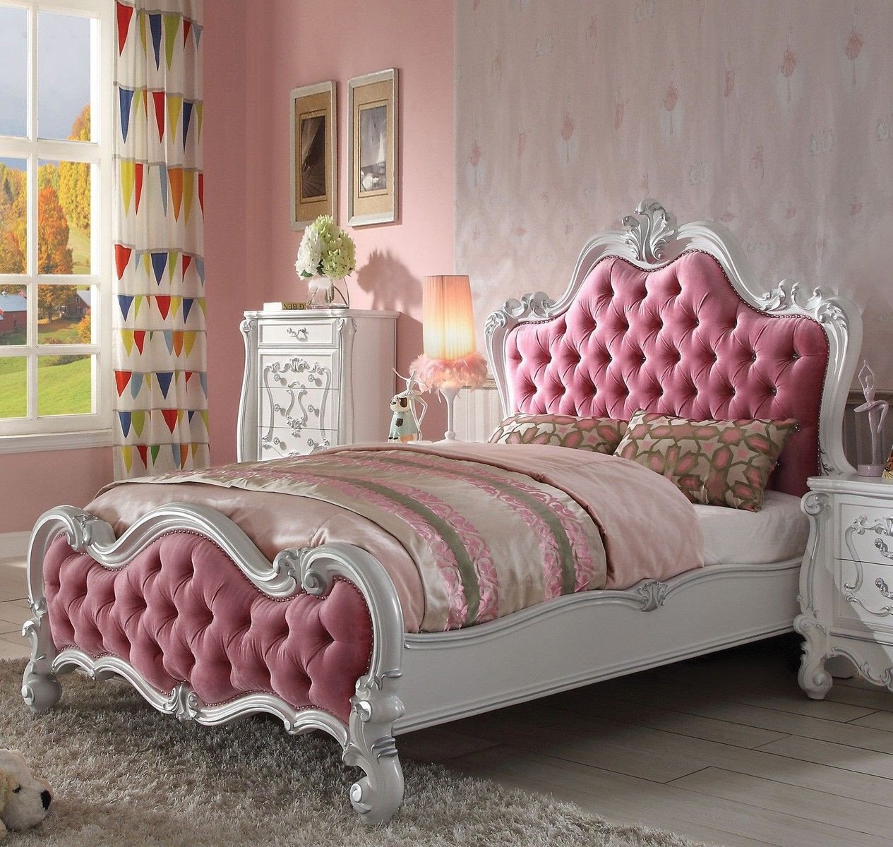 Girls Full Bedroom Set Elegant Acme Versailles Panel Bedroom Set In Pink and Antique White