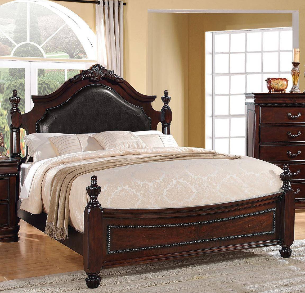Grand Furniture Bedroom Set Beautiful Black Cherry Upholstered Poster King Bed Set 5pcs Acme