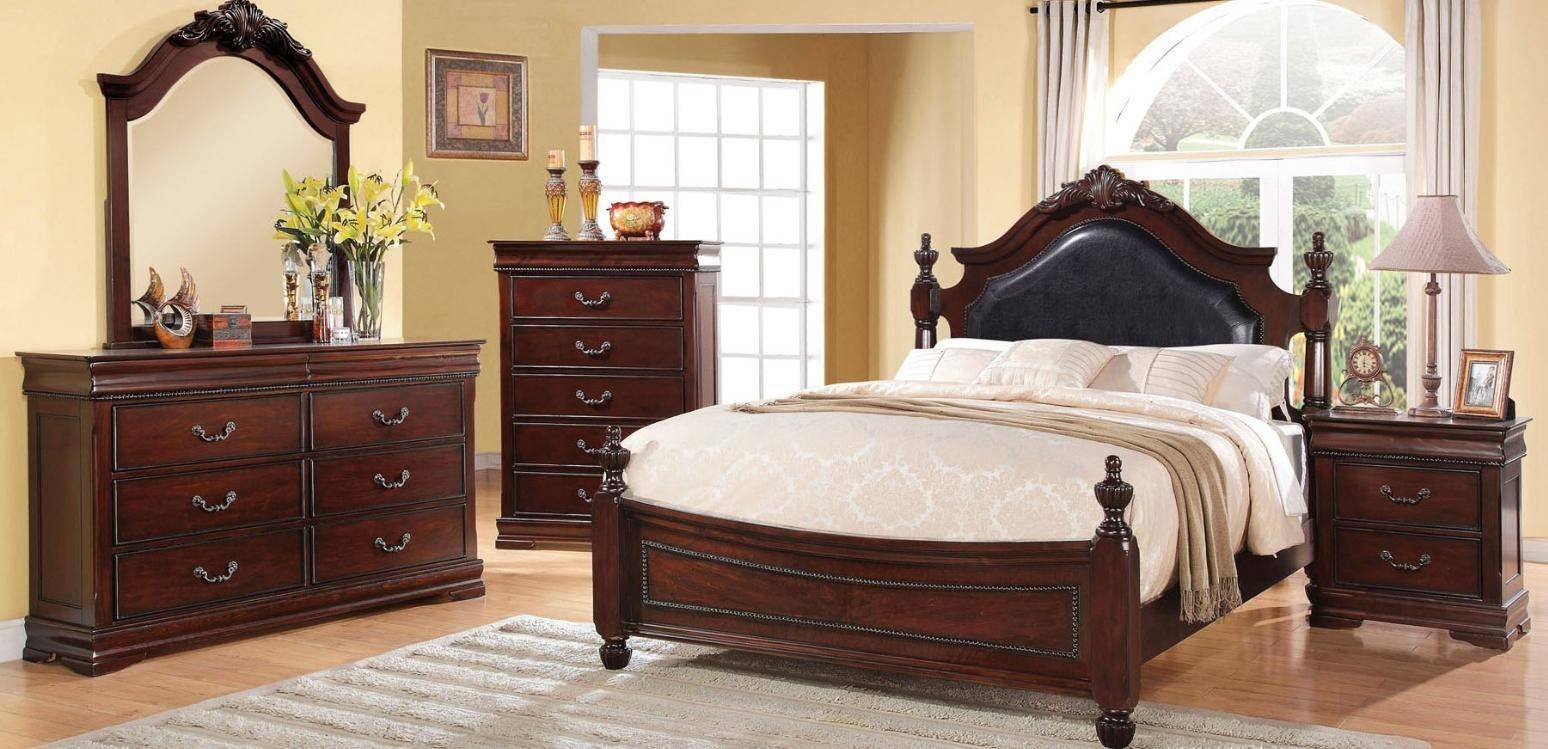 Grand Furniture Bedroom Set Unique Black Cherry Upholstered Poster King Bed Set 5pcs Acme