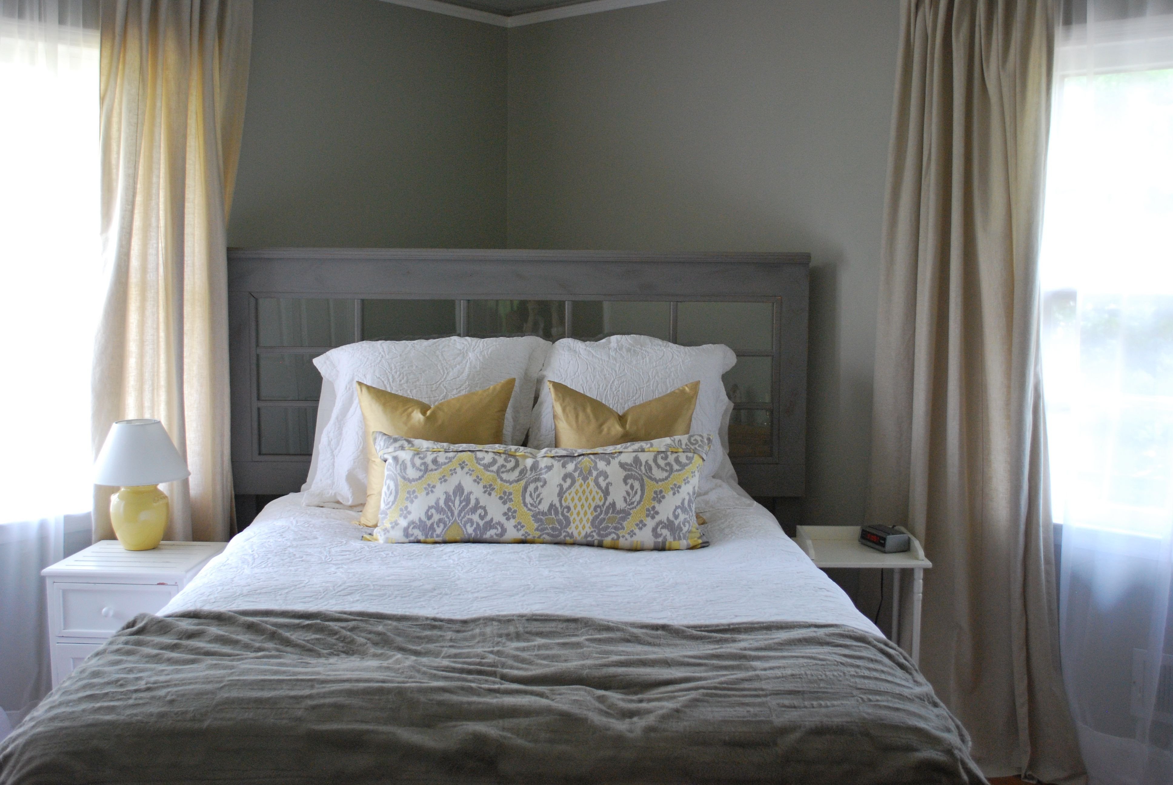 Grey and Tan Bedroom Beautiful Grey Walls Tan Linen Curtains but with orange