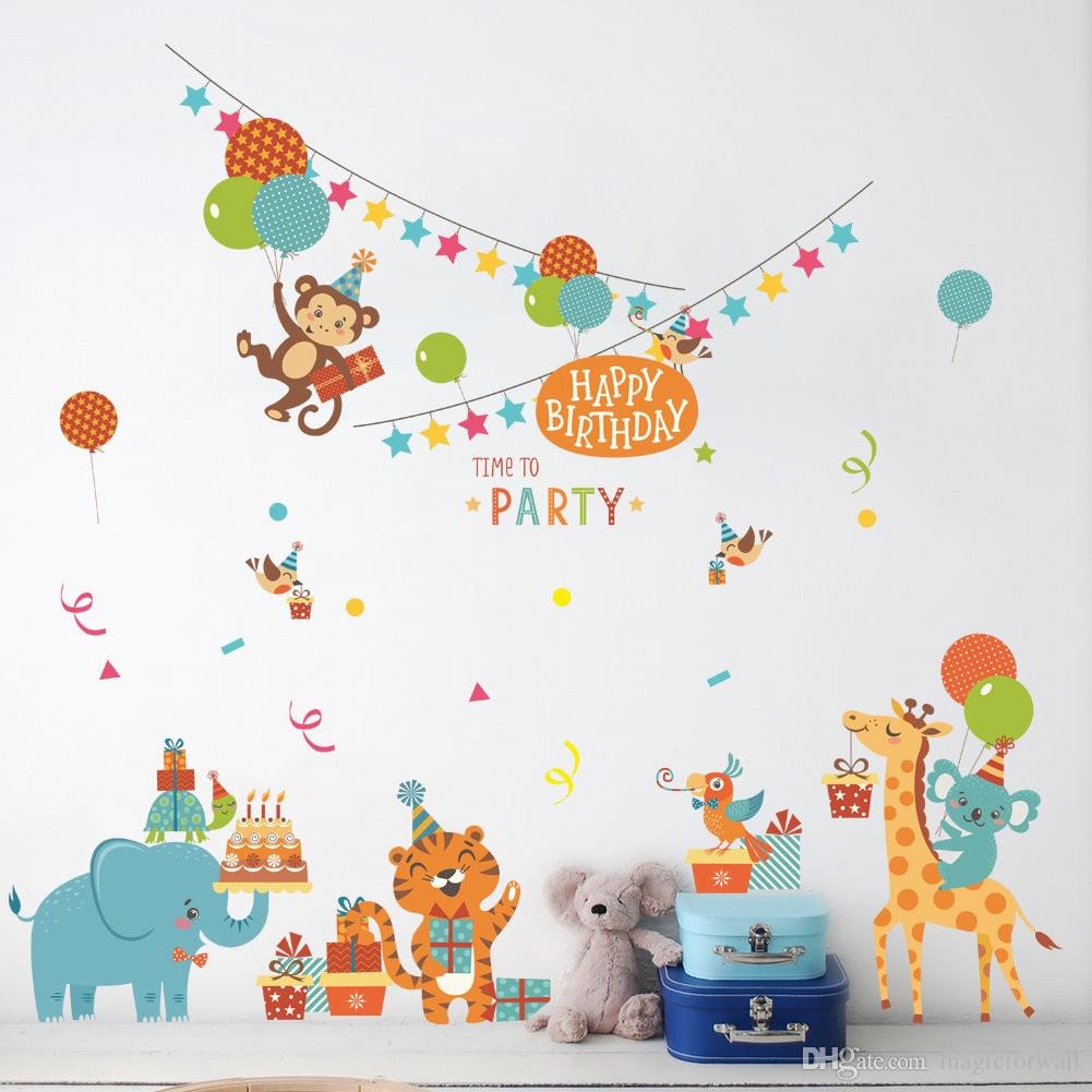 Kids Bedroom Wall Decor Elegant Cartoon Animals Birthday Party Wall Stickers for Kids Boys Girls Room Decor Air Balloon Cake Gift Party Wall Graphic Poster Wall Decals