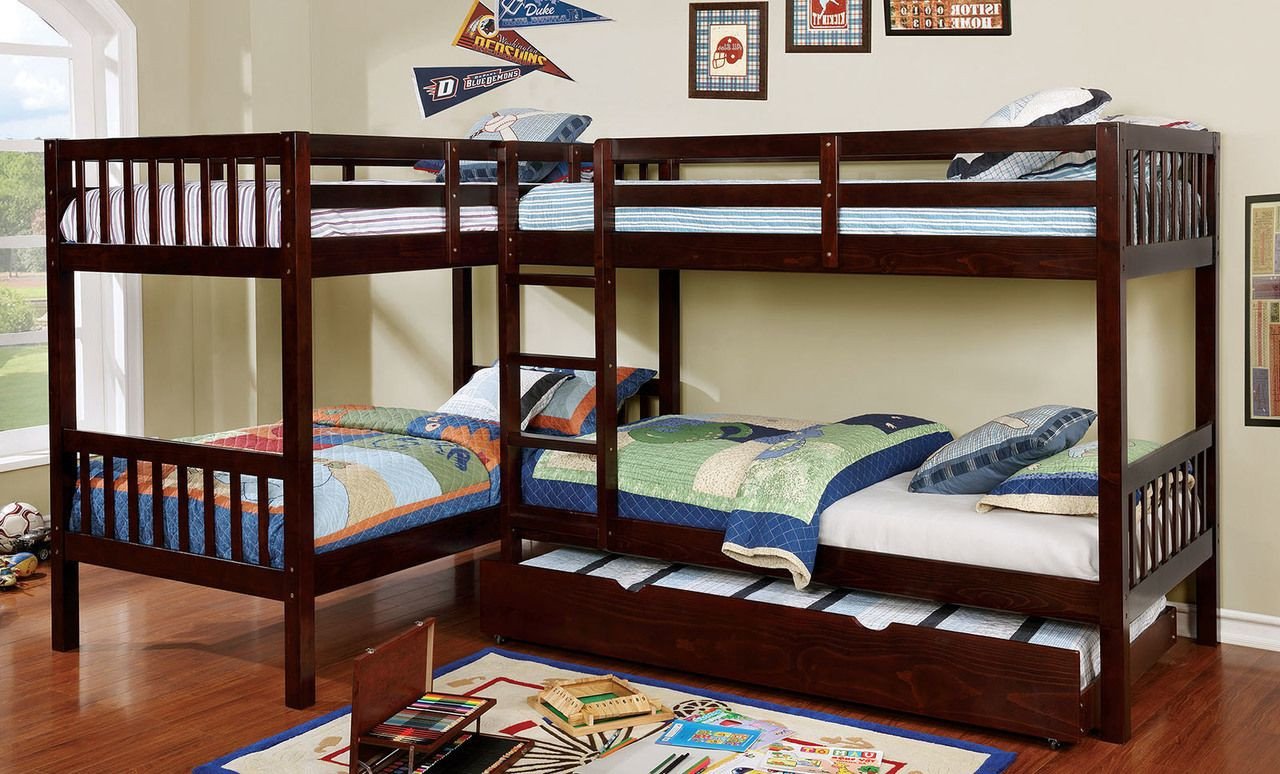 Kids Bunk Bed Bedroom Set Inspirational L Shaped Quadruple Wood Twin Bunk Bed In Dark Walnut In 2019