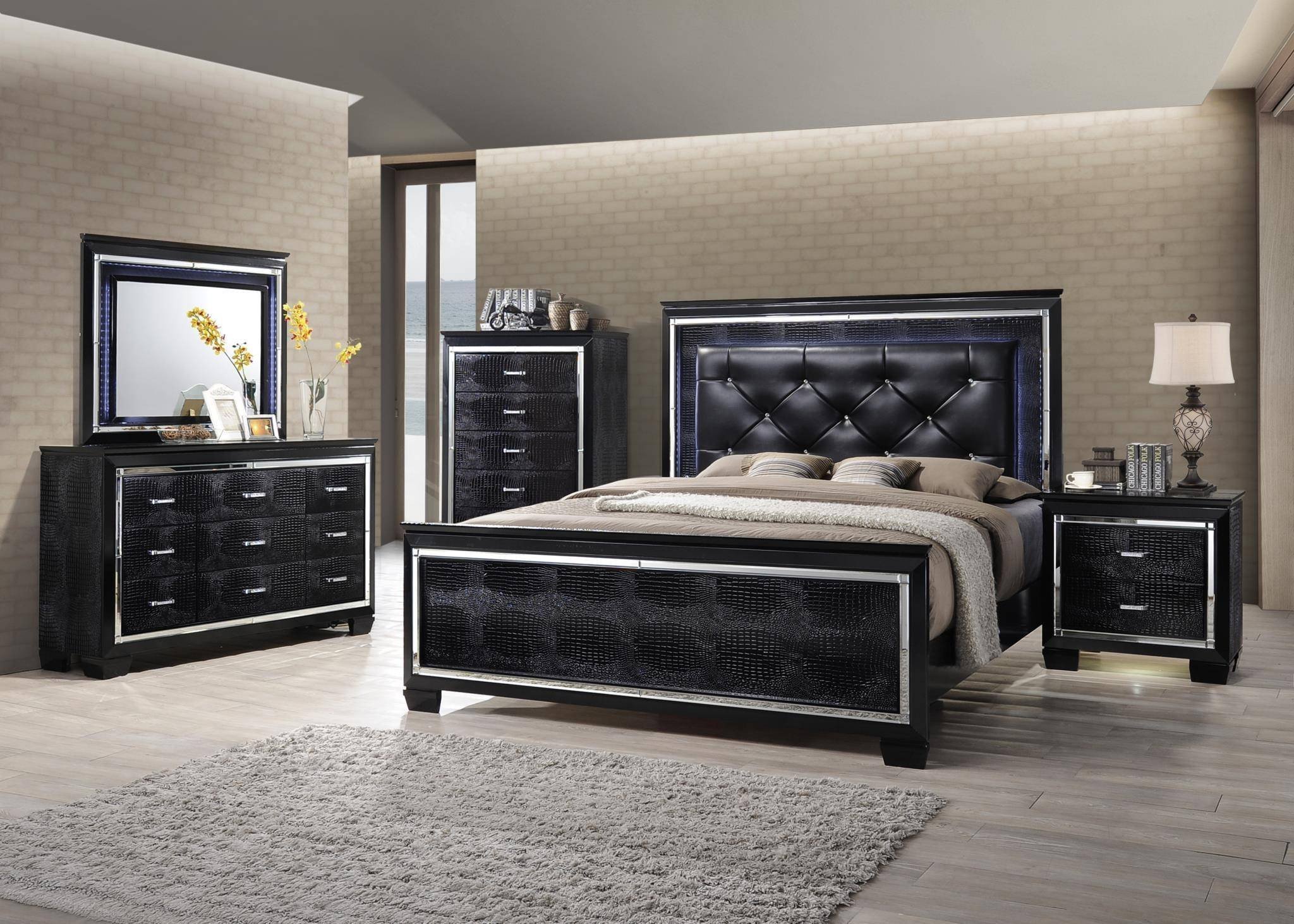 Leather Headboard Bedroom Set Luxury Myco Furniture Ma705 K Martina Black Diamond Tufted King