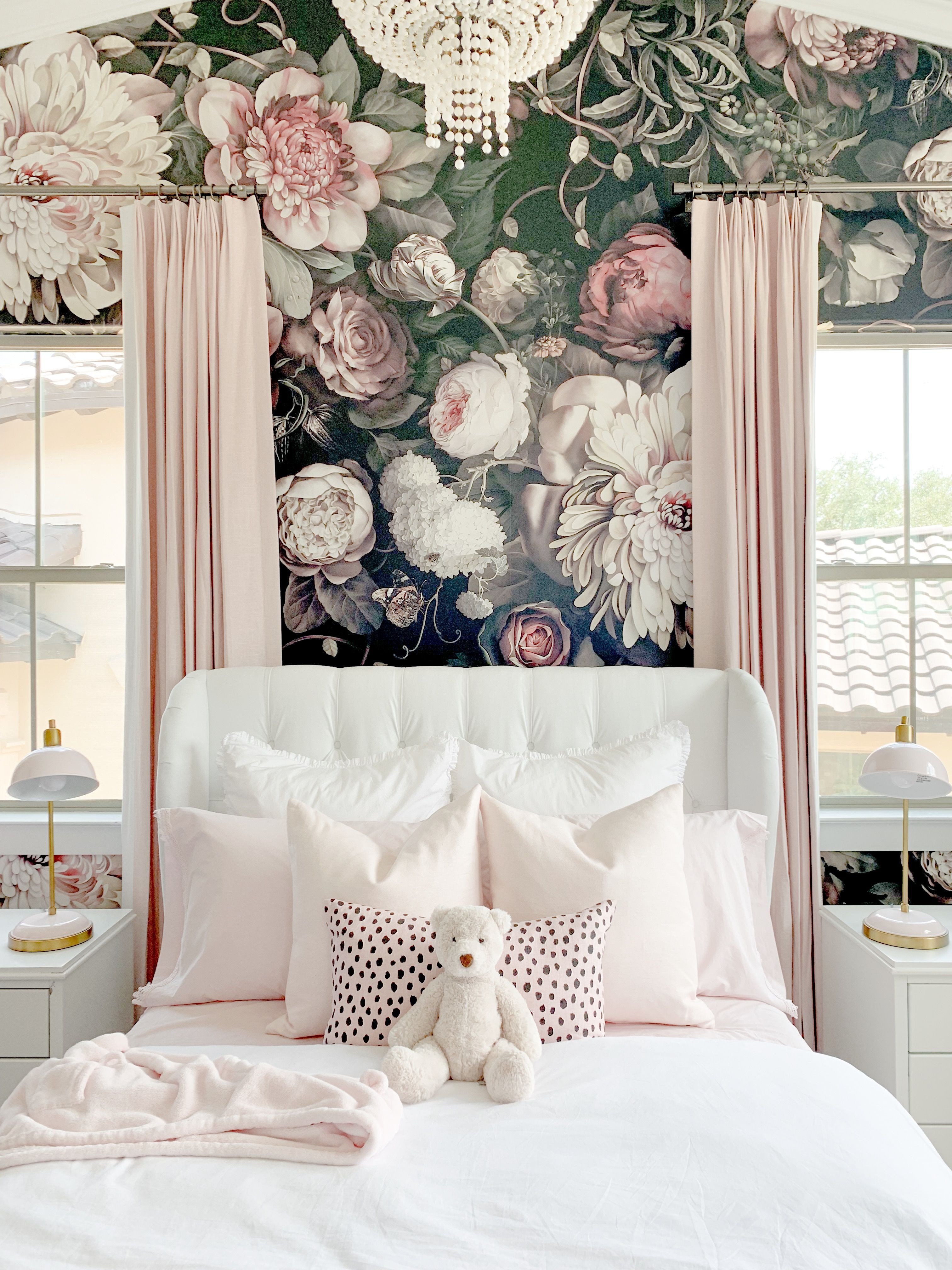 Little Girl Chandelier Bedroom Beautiful Blush Pink Bedroom with Floral Wallpaper A White Tufted