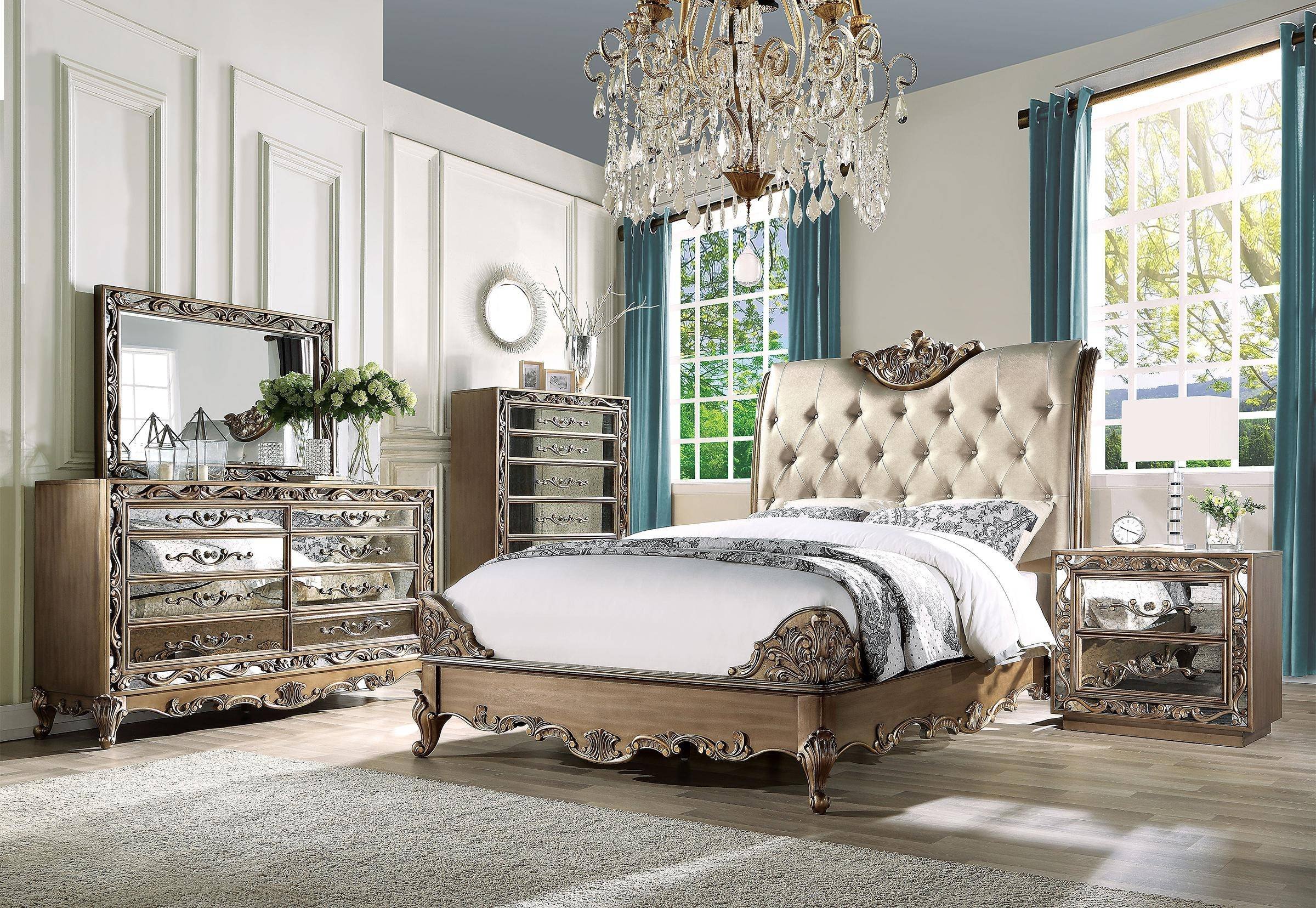 Luxury Master Bedroom Furniture Elegant Luxury King Bedroom Set 3 Antique Gold Champagne F Leather