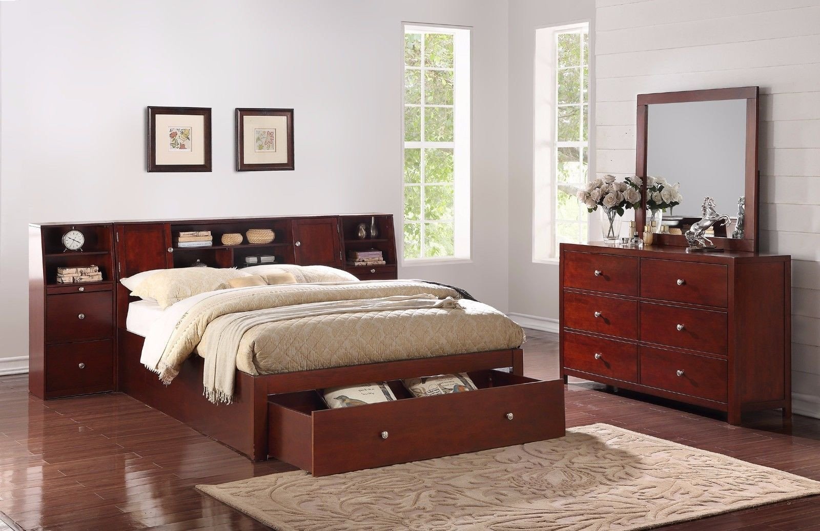 Mirror Bedroom Furniture Set Elegant Bedroom 4pc Set Queen Bed W Storage Drawer Shelf Nightstand