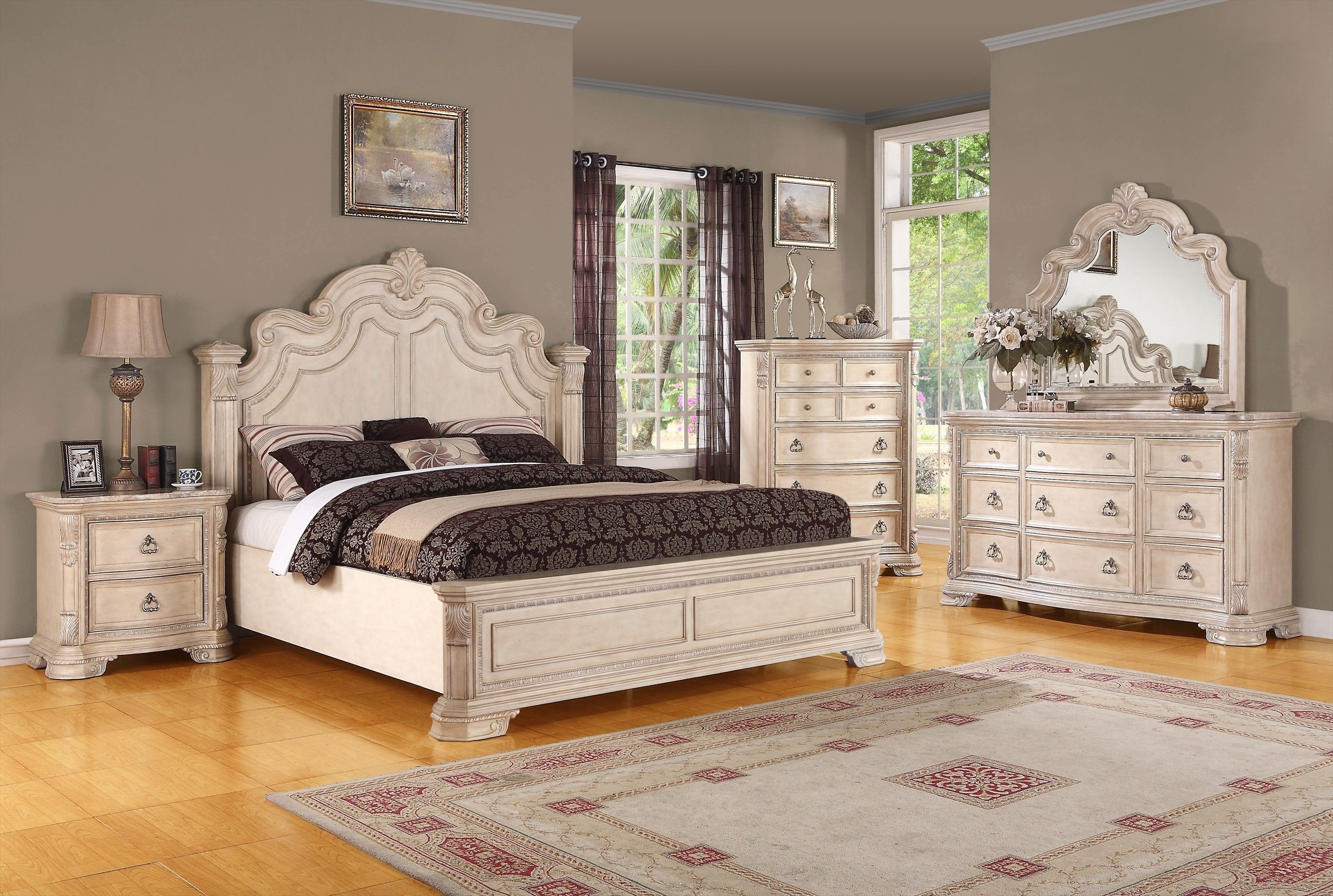 Mirrored Queen Bedroom Set Luxury Traditional Alabaster White Bedroom